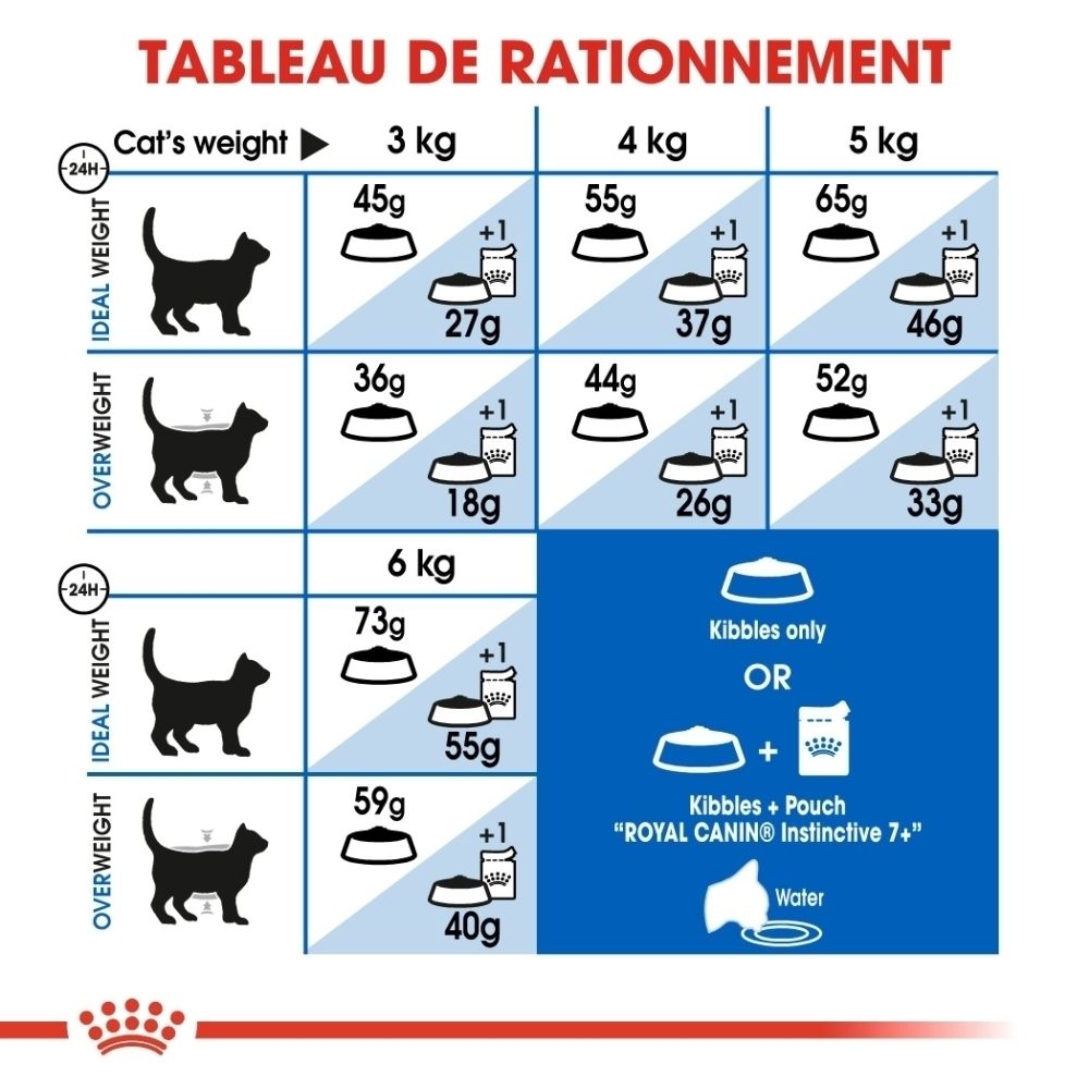 Sac Royal Canin Indoor 7+ avec informations sur la vitalité, les odeurs et les reins.