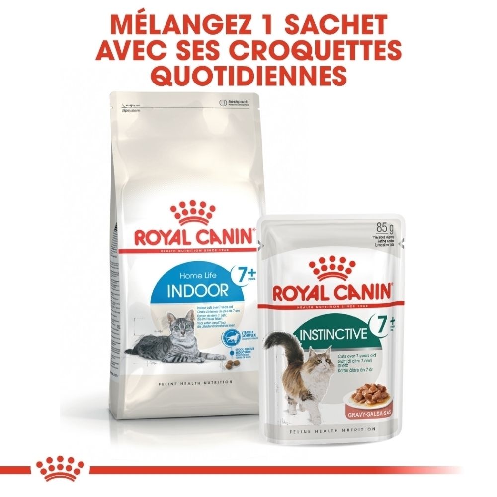 Sac Royal Canin Indoor 7+ avec informations sur la vitalité, les odeurs et les reins.
