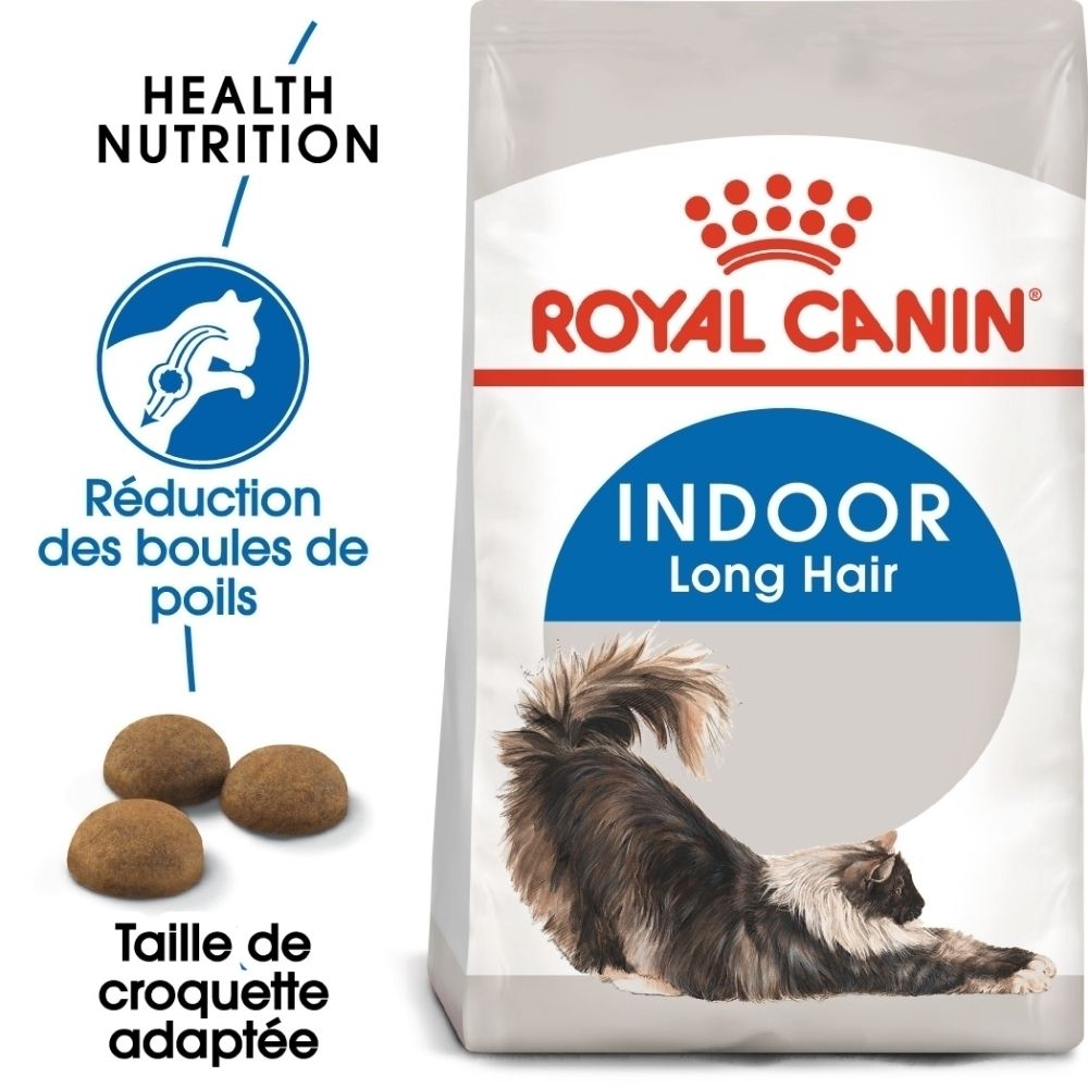 Sachet de nourriture pour chat Royal Canin Indoor Long Hair avec illustration de chat et texte sur la santé et la nutrition.