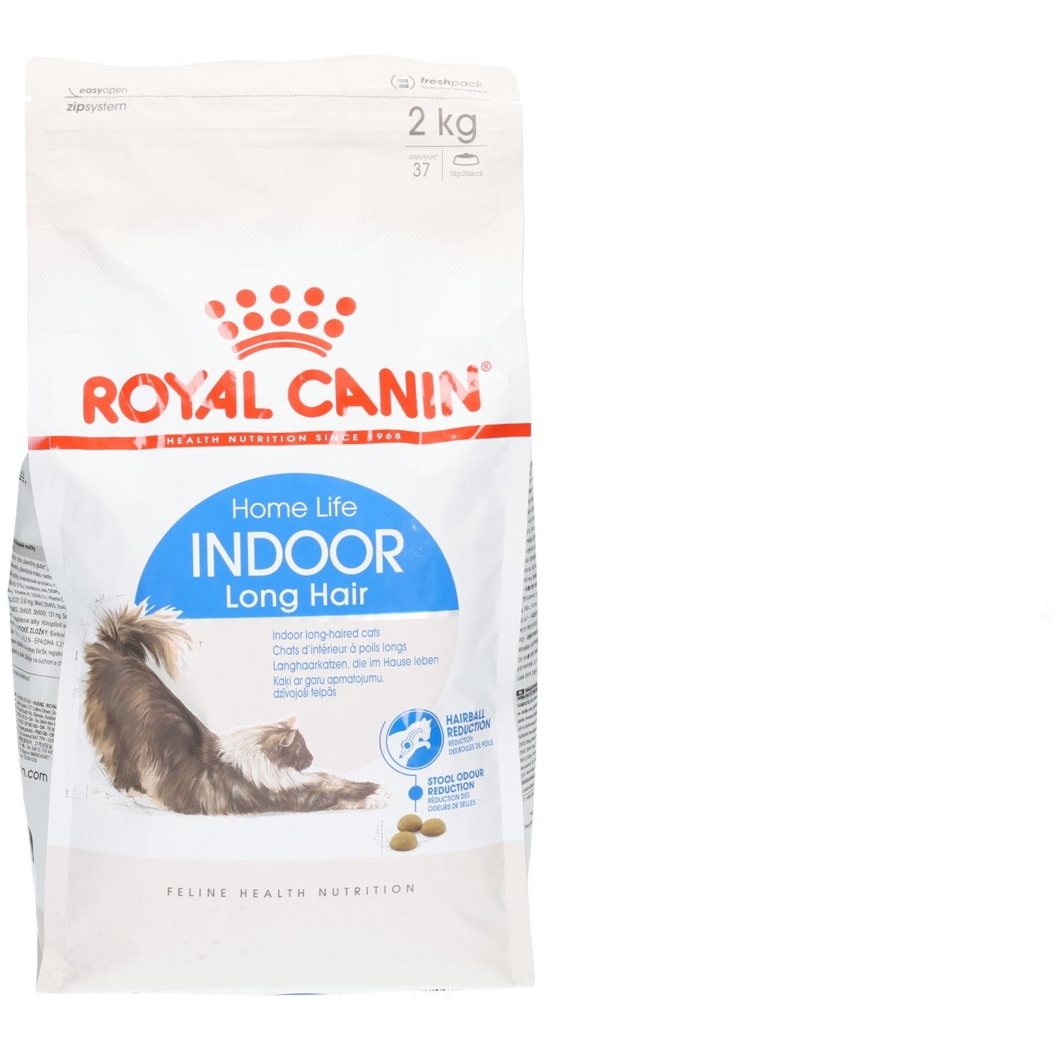 Sacs de nourriture Royal Canin Home Life Indoor Long Hair pour chats, 2 kg, avec image de chat.