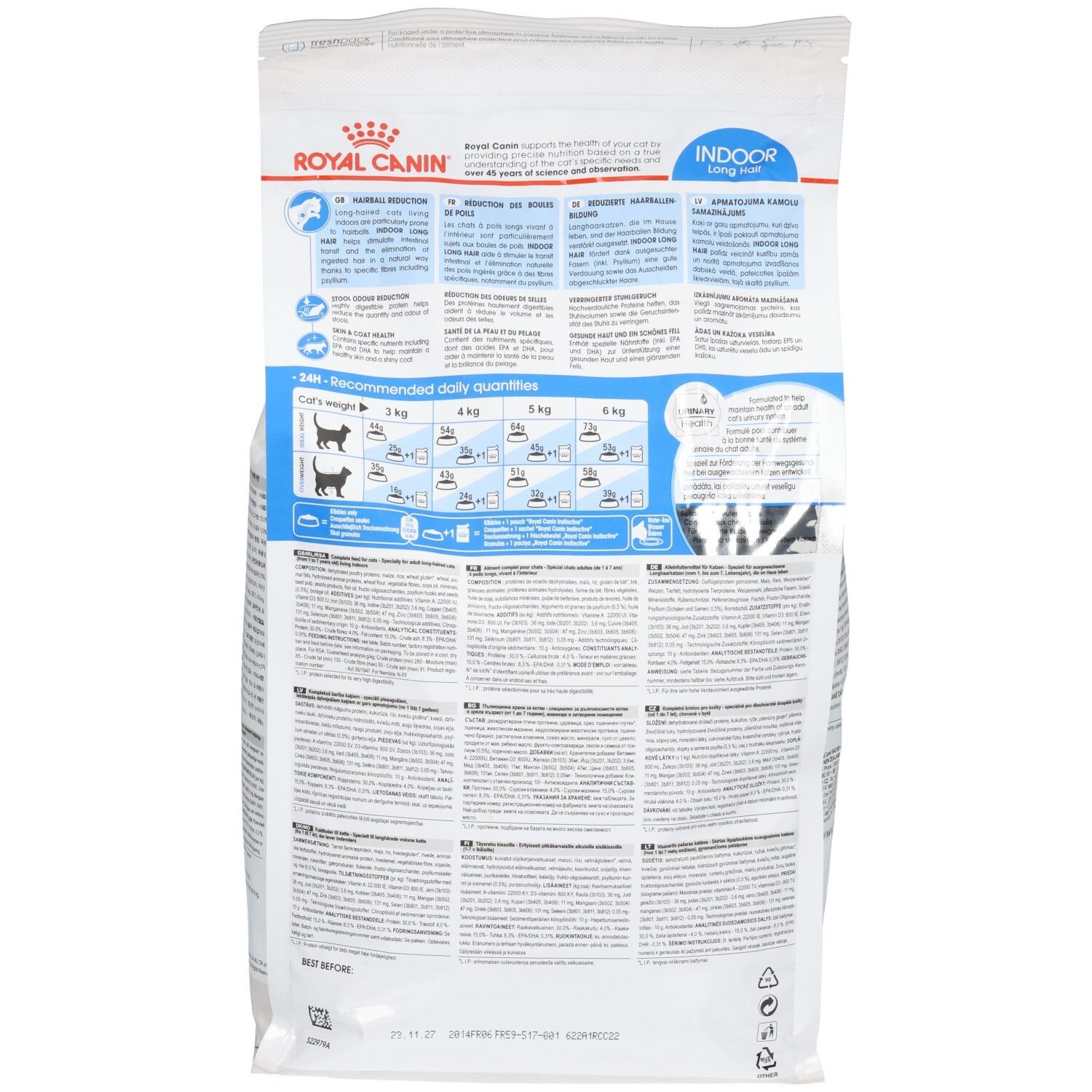 Arrière d'un sac de nourriture Royal Canin Home Life Indoor Long Hair pour chats avec tableaux d'alimentation.