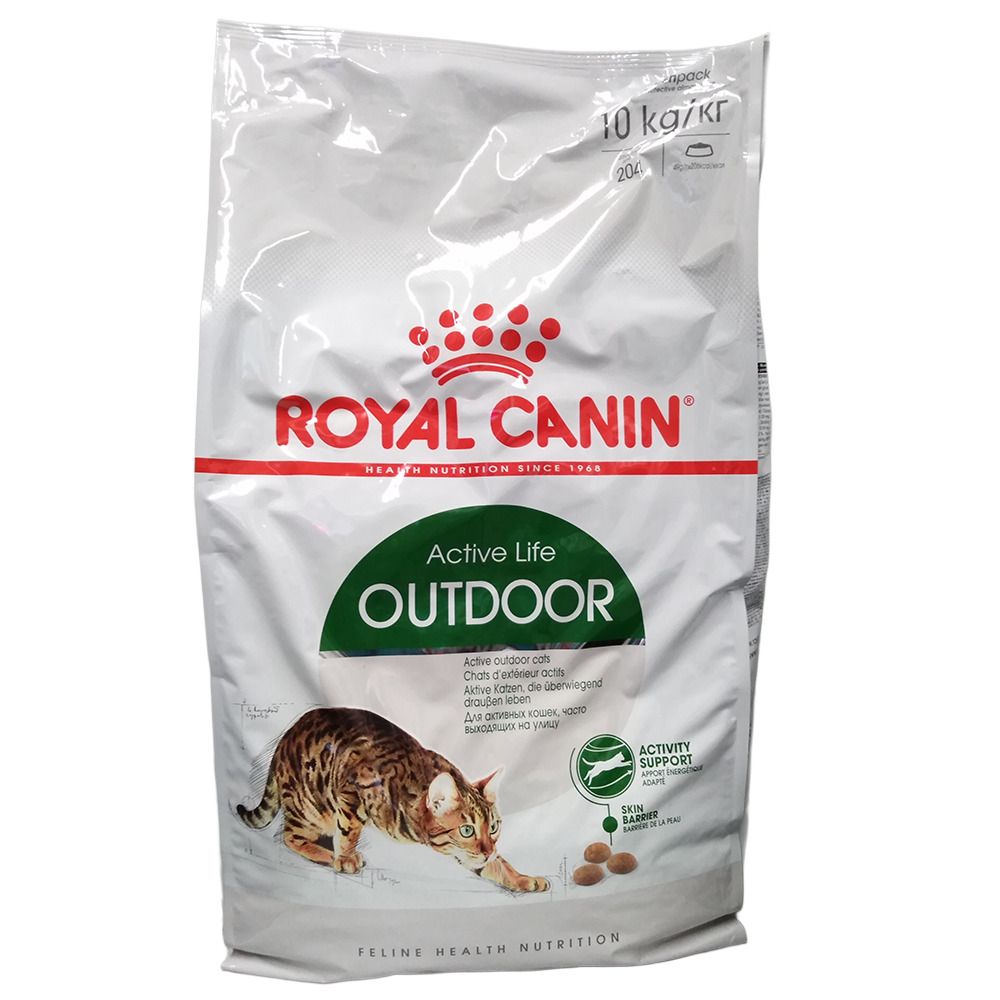 Sac de 10 kg de croquettes Royal Canin Outdoor pour chats, avec illustration de chat.