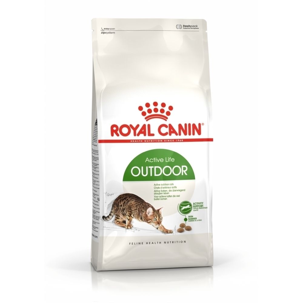 Sac de nourriture pour chat Royal Canin Active Life Outdoor avec image de chat et croquettes.