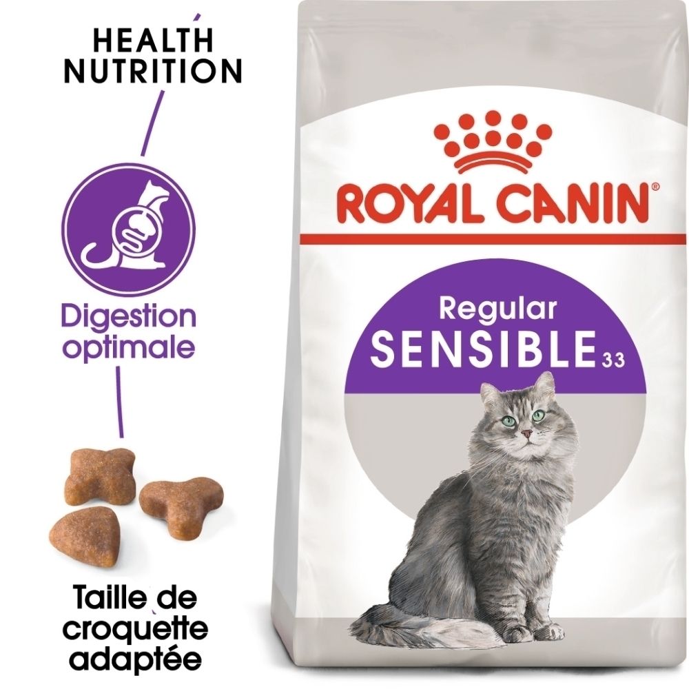 Sac de croquettes Royal Canin FHN SENSIBLE 10kg avec chat.