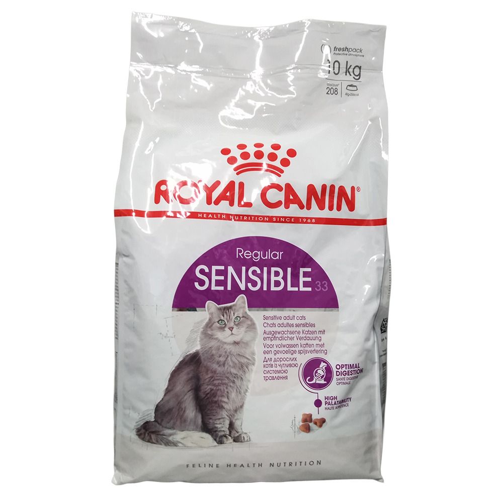 Nourriture pour chats Royal Canin Feline Sensible, sac de 10 kg avec image de chat.