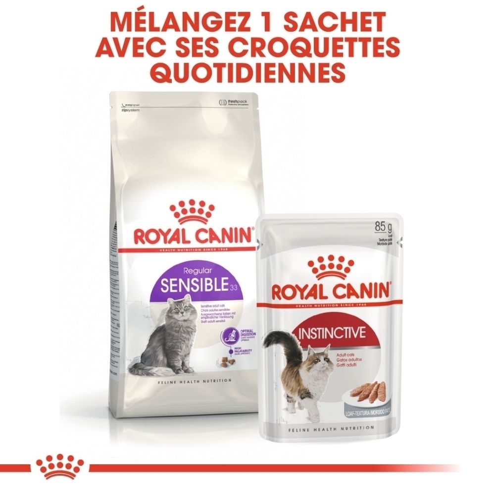 Croquettes Royal Canin FHN SENSIBLE et nourriture humide.