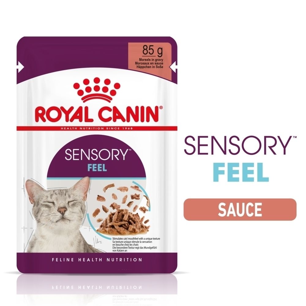 Royal Canin Sensory Feel : chat yeux fermés, nourriture humide en sauce.