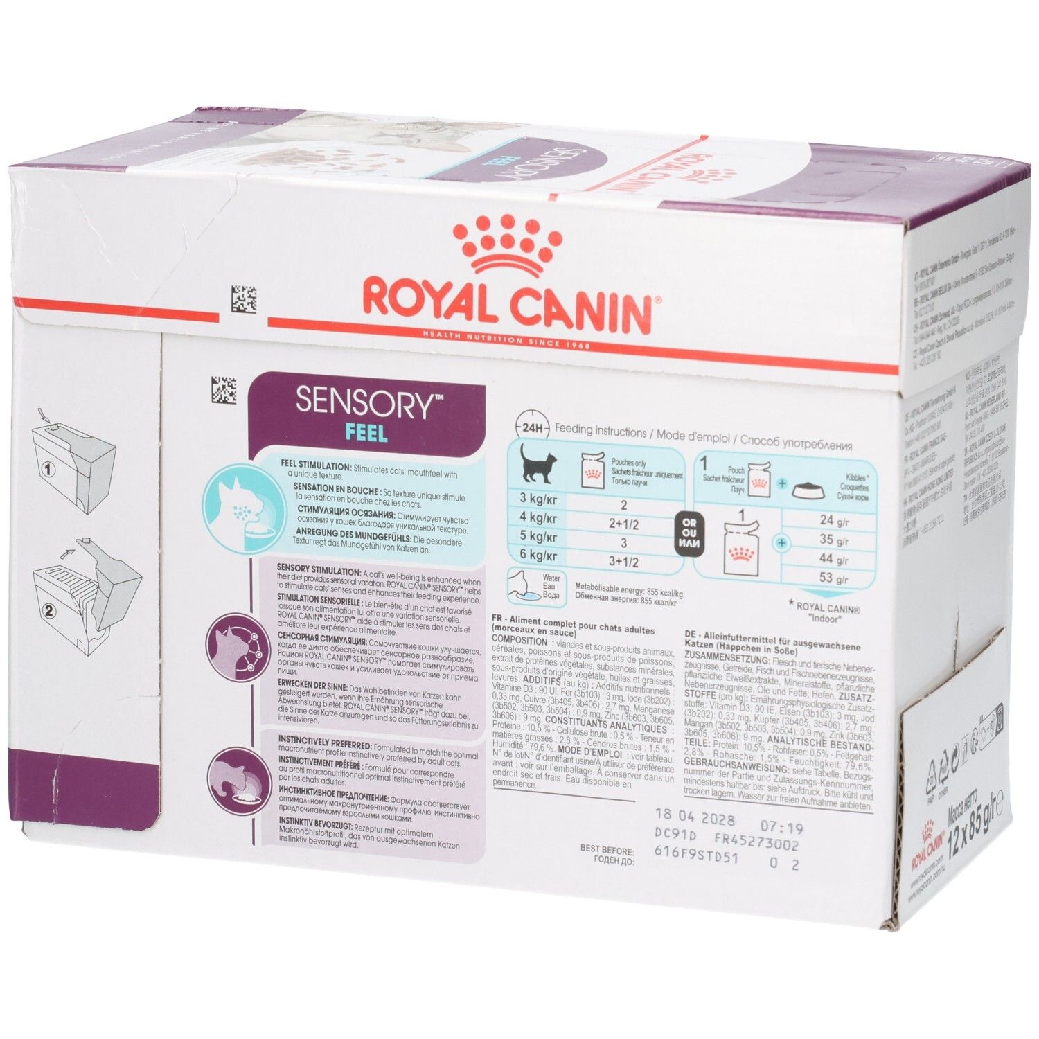 Arrière du paquet Royal Canin Sensory Feel nourriture pour chats avec informations détaillées et instructions de préparation.