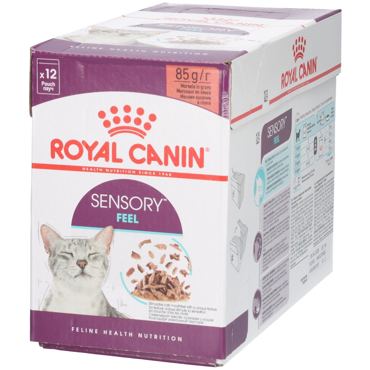 Royal Canin Sensory Feel nourriture pour chats, 12x85g Pouch. Façade avec chat et illustration du produit.