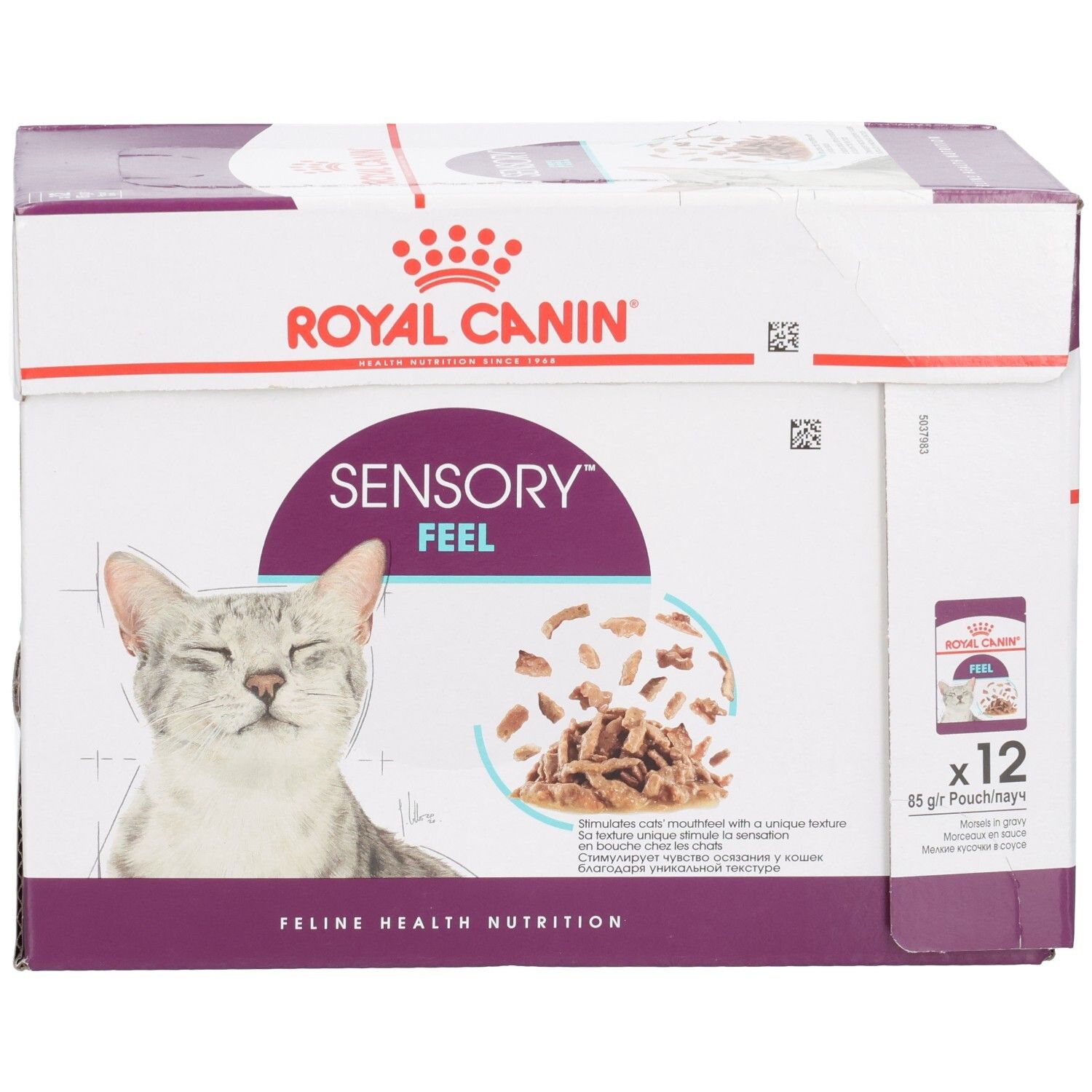 Royal Canin Sensory Feel nourriture pour chats, 12x85g Pouch. Vue latérale de l'emballage.