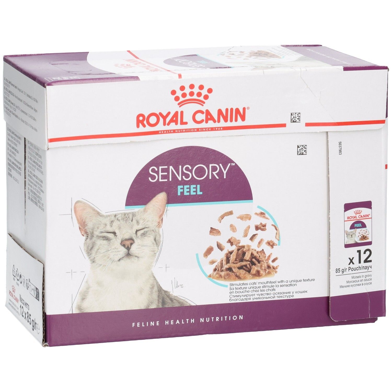 Royal Canin Sensory Feel nourriture pour chats, 12x85g Pouch. Façade avec chat et illustration du produit.