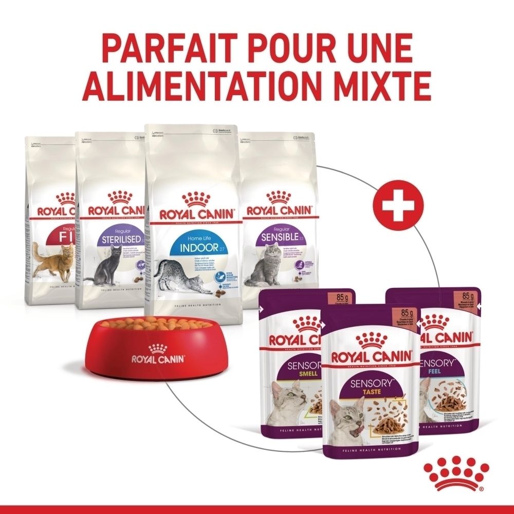 Royal Canin Sensory Feel : nourriture humide avec morceaux en sauce.