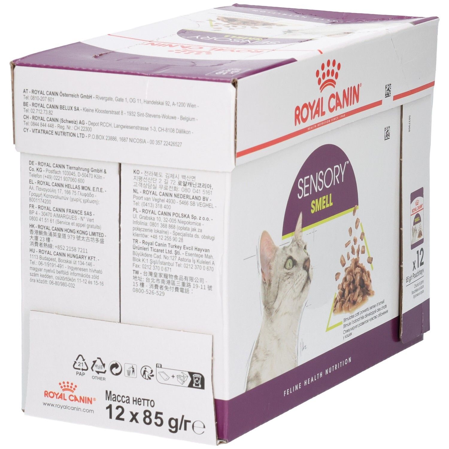 Arrière d'une boîte de nourriture Royal Canin Sensory Smell pour chats avec informations produit.
