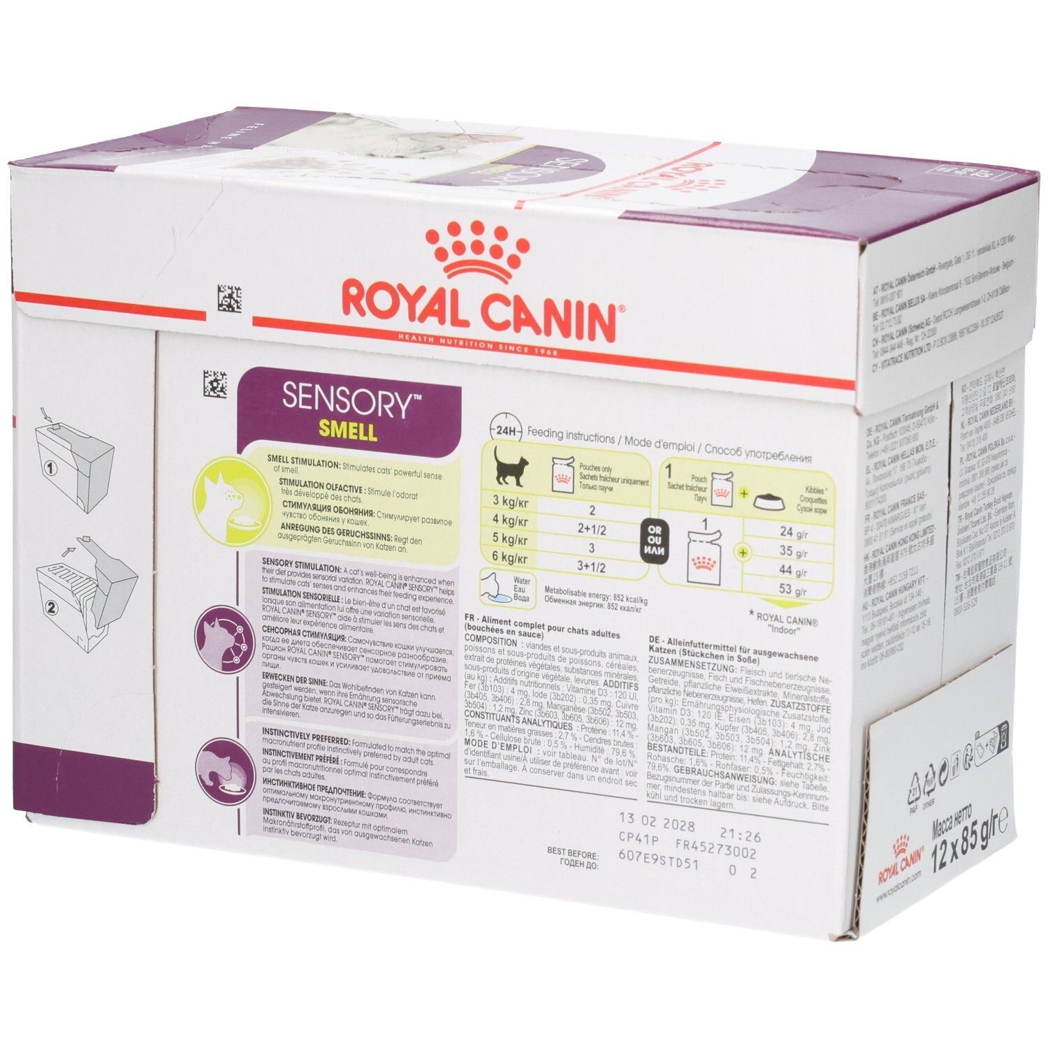 Arrière d'une boîte Royal Canin Sensory Smell pour chats avec instructions de nourrissage.