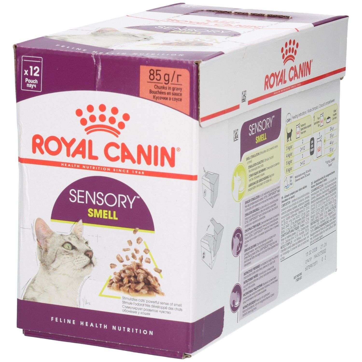 Vue latérale d'une boîte Royal Canin Sensory Smell pour chats, 12 sachets de 85g.