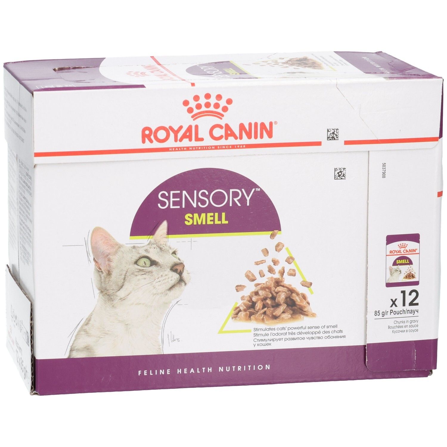 Boîte Royal Canin Sensory Smell pour chats, 12 sachets de 85g, mettant en avant le nom du produit.