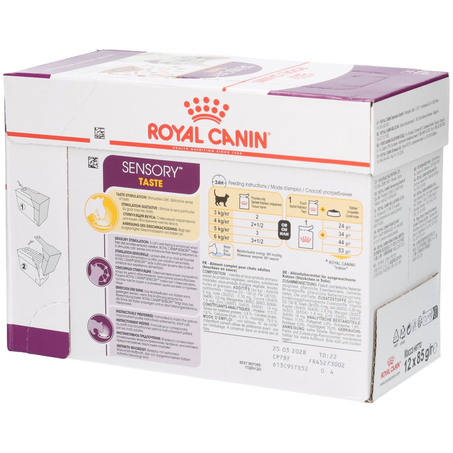 Boîte Royal Canin Sensory Taste pour chats, vue latérale avec instructions d'alimentation.