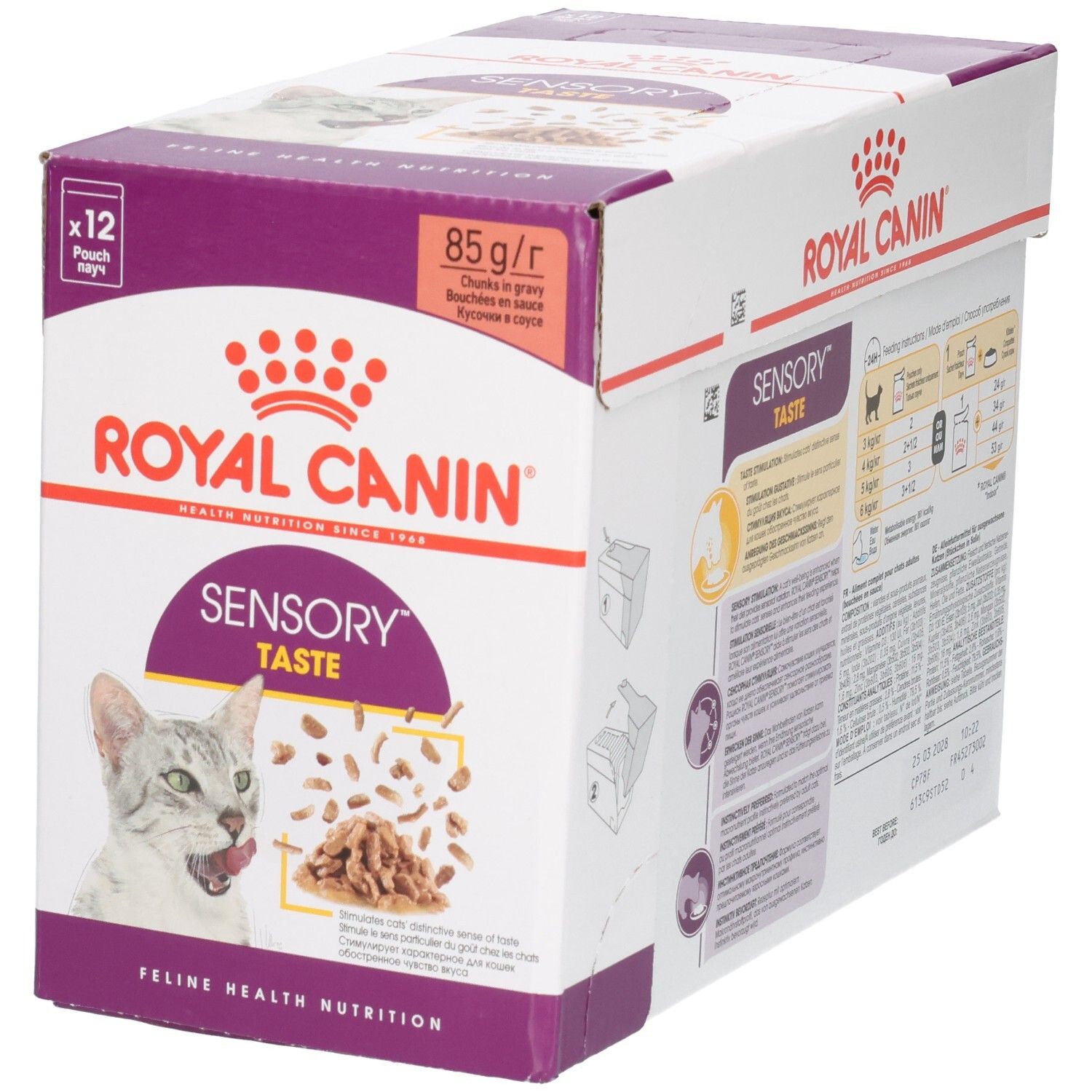 Boîte Royal Canin Sensory Taste pour chats, vue avant en biais, focus sur le design.