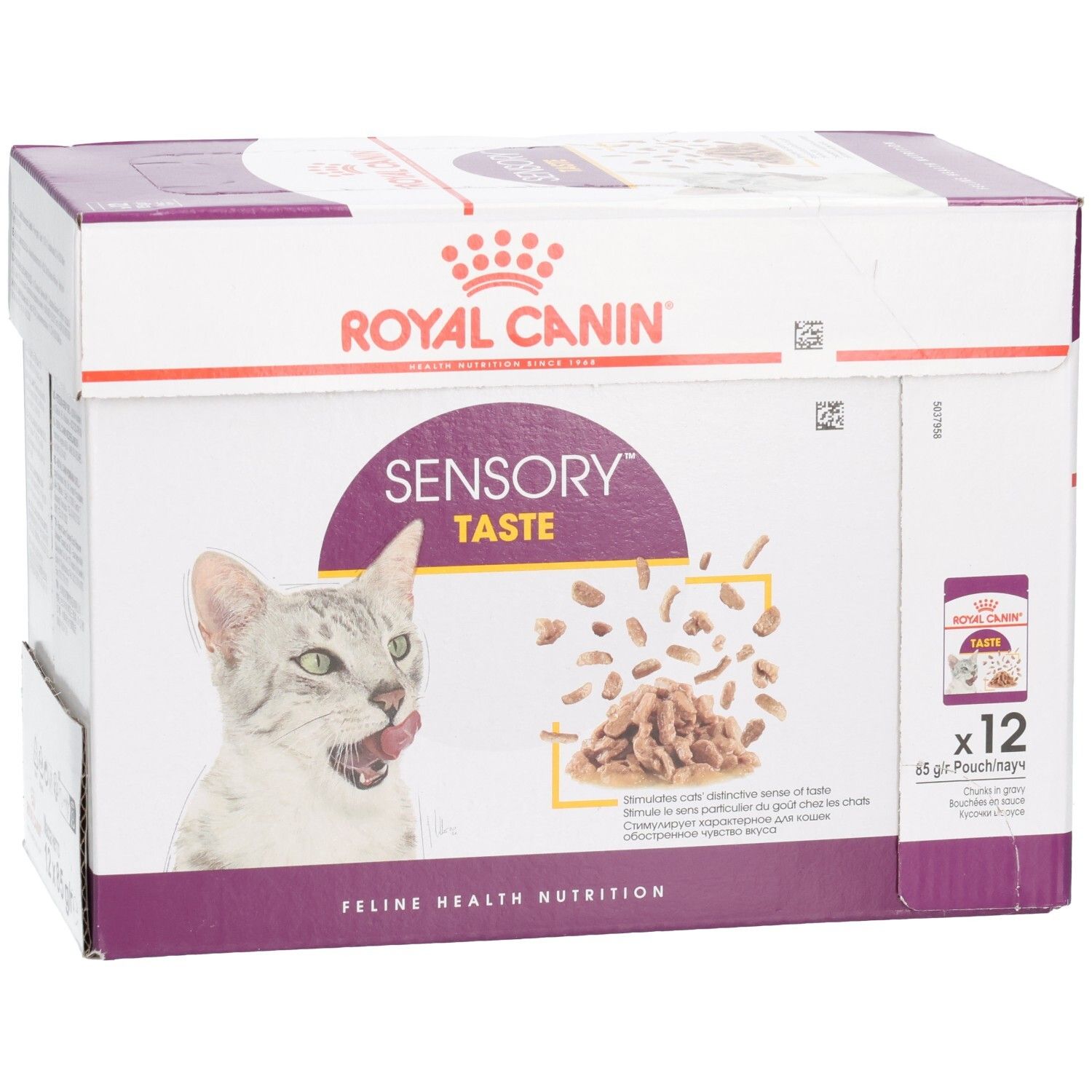 Boîte Royal Canin Sensory Taste pour chats, vue de trois-quarts avant gauche.