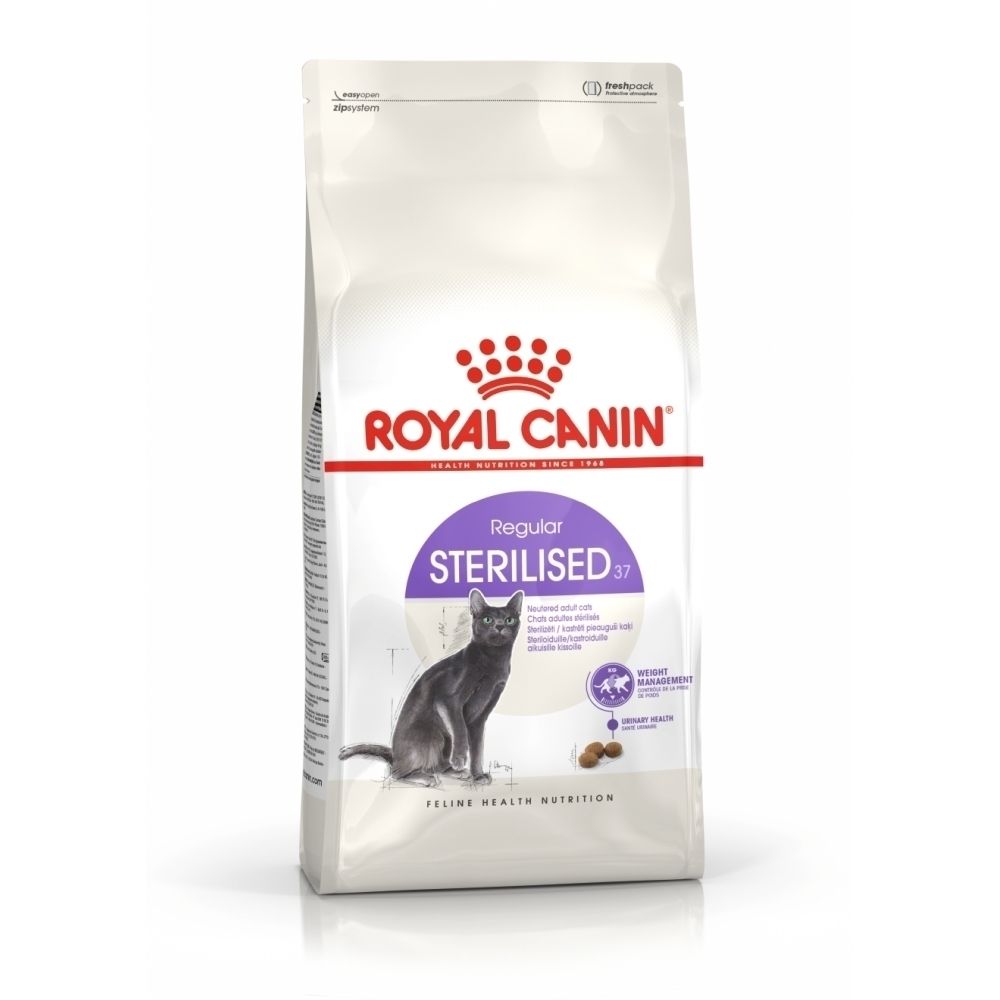 Croquettes Royal Canin Sterilised 37 pour chat avec illustrations sur le contrôle du poids et la taille des croquettes.