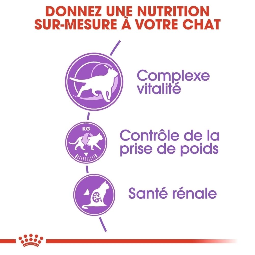 Croquettes Royal Canin Sterilisé 7+: Complexe vitalité, contrôle du poids, santé rénale.
