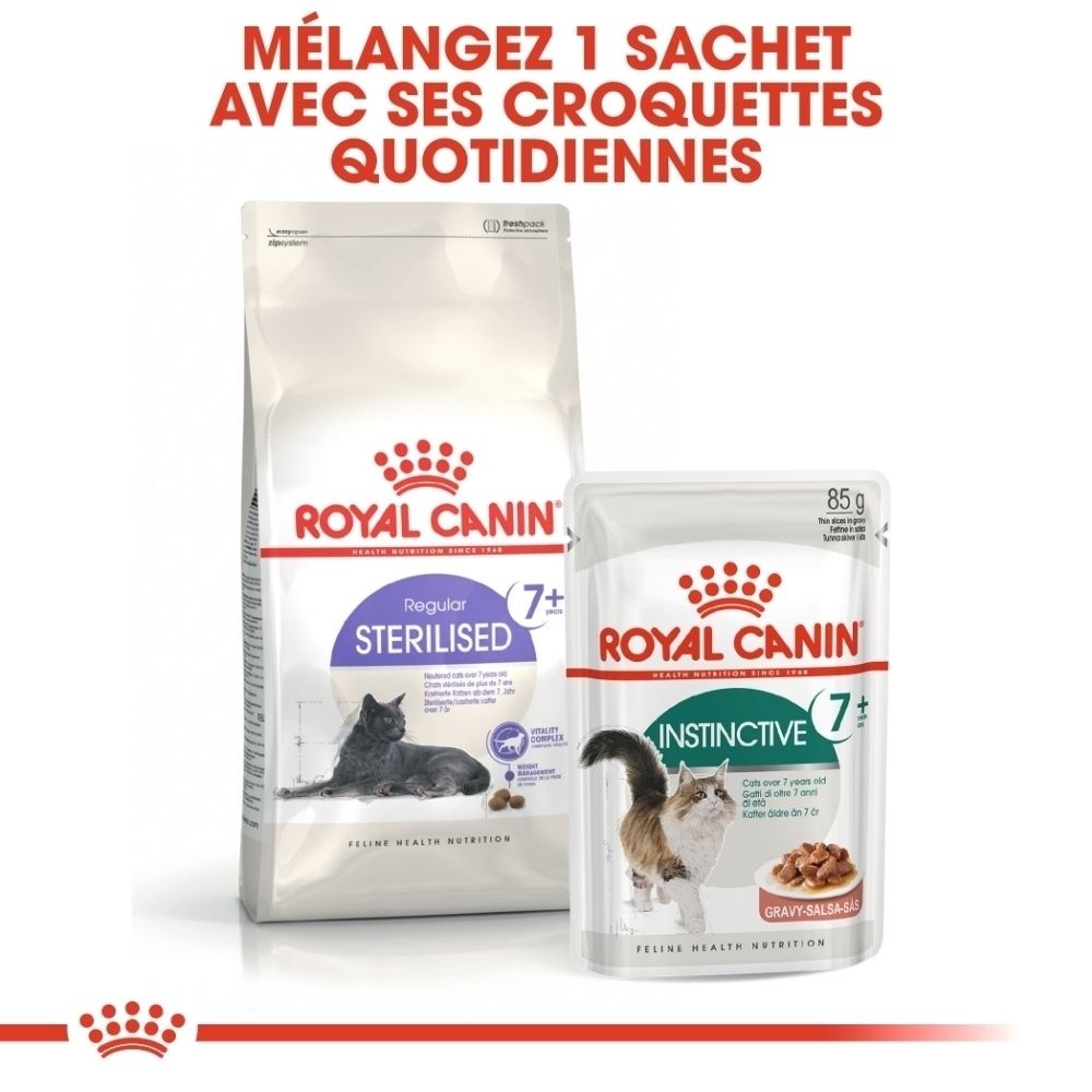 Croquettes Royal Canin Sterilisé 7+ et nourriture humide Royal Canin Instinctive.