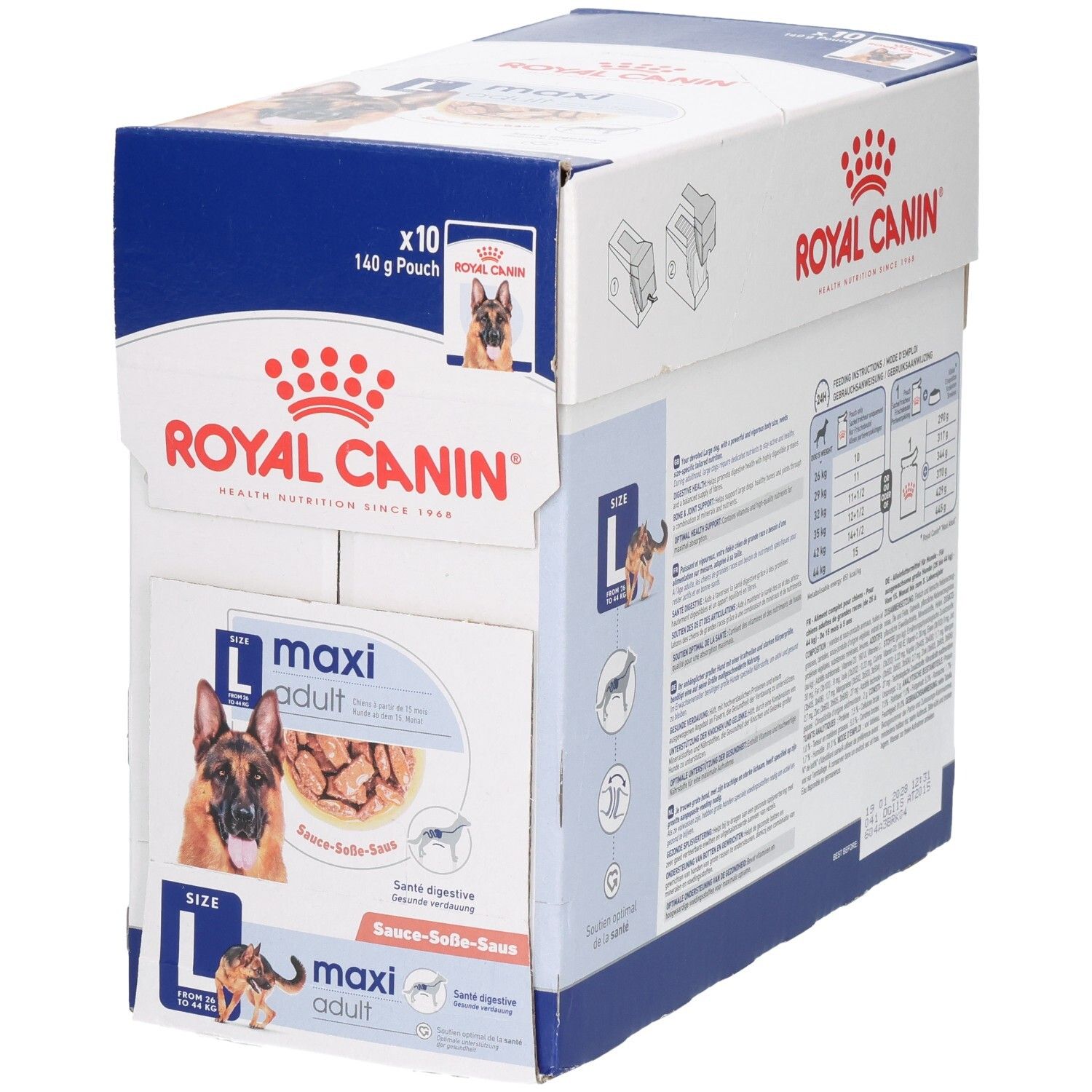 Boîte Royal Canin Maxi Adult de 10 sachets de 140g. Étiquetage allemand et français.