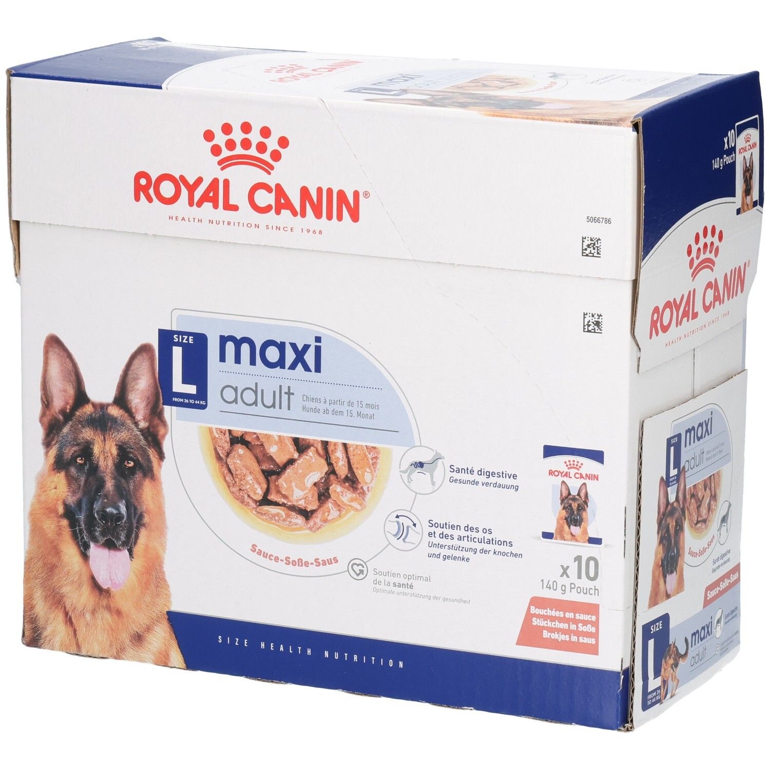 Boîte Royal Canin Maxi Adult de 10 sachets de 140g. Façade avec image de chien et informations produit.