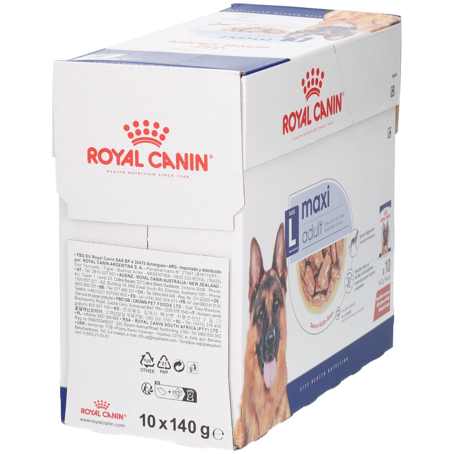 Boîte Royal Canin Maxi Adult de 10 sachets de 140g. Arrière avec informations détaillées sur le produit et symboles de recyclage.