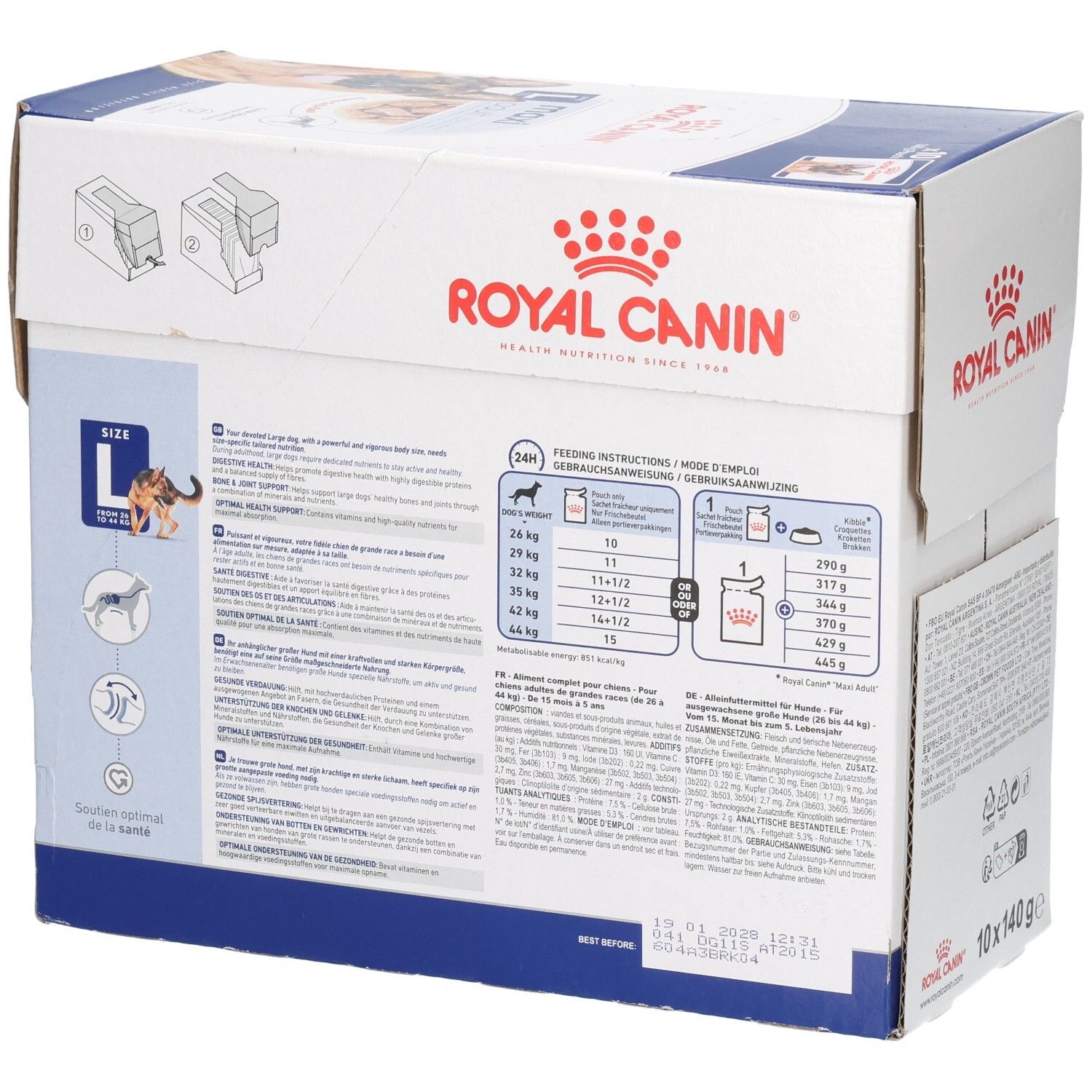 Boîte Royal Canin Maxi Adult de 10 sachets de 140g. Vue latérale avec instructions d'alimentation et soutien santé.