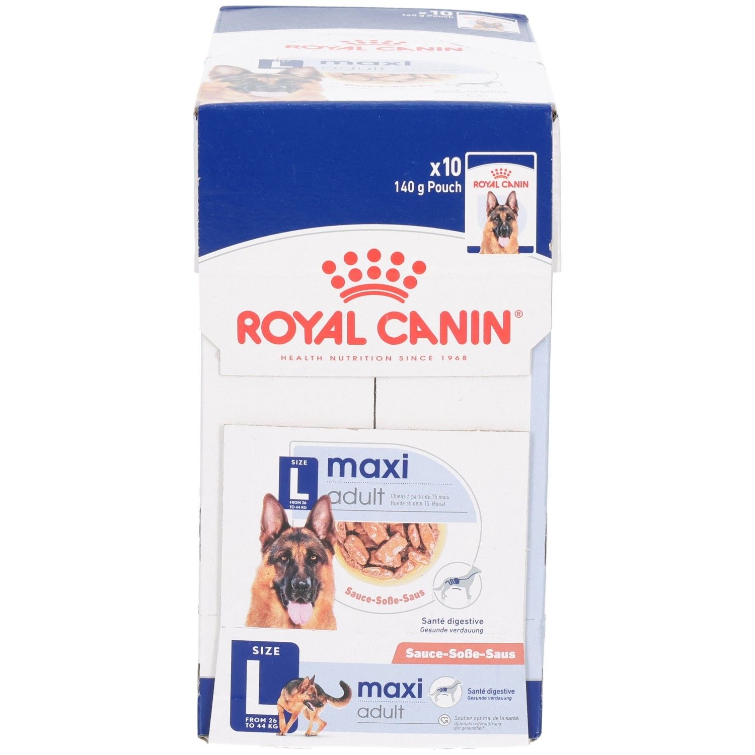 Boîte Royal Canin Maxi Adult de 10 sachets de 140g. Façade avec image de chien, informations produit et logo Royal Canin.