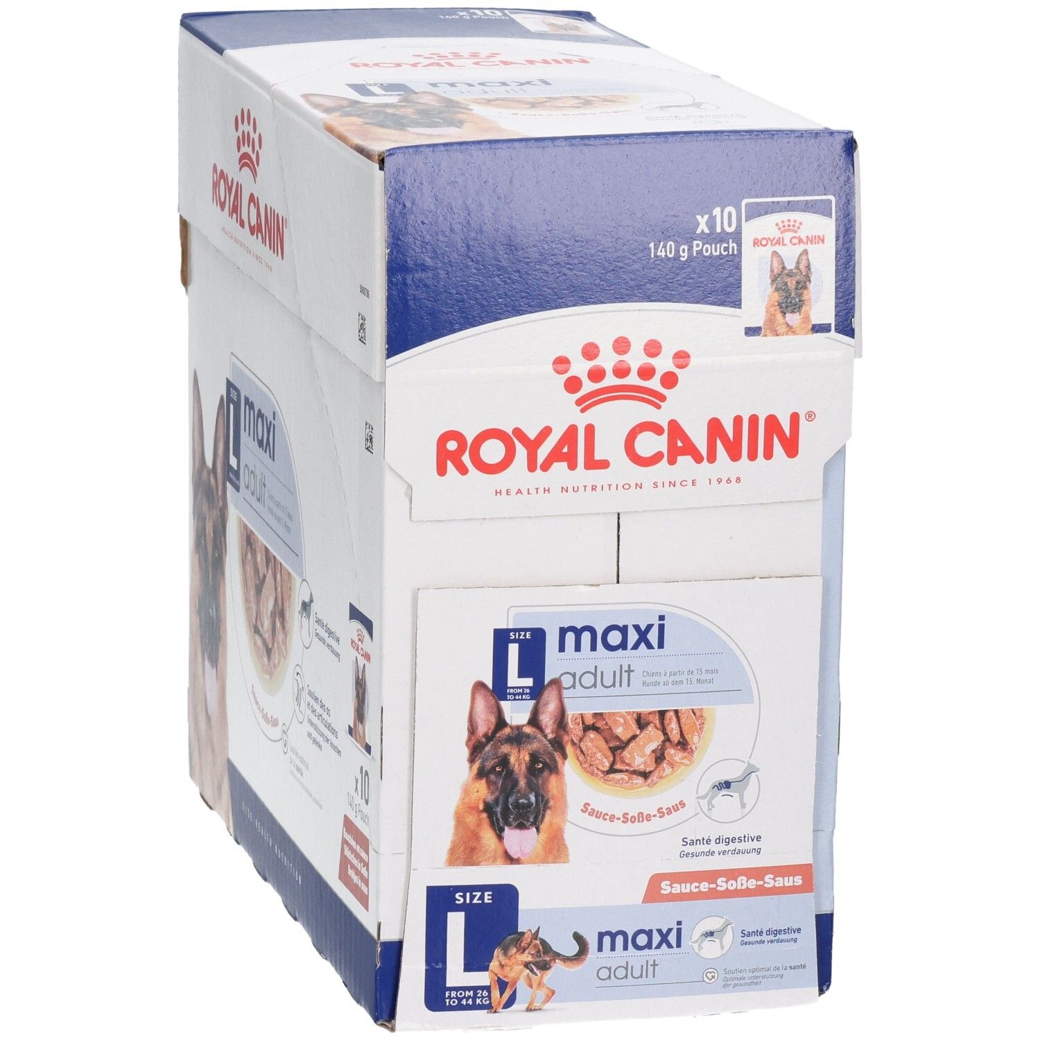 Boîte Royal Canin Maxi Adult de 10 sachets de 140g. Vue latérale avec image de chien et informations produit.