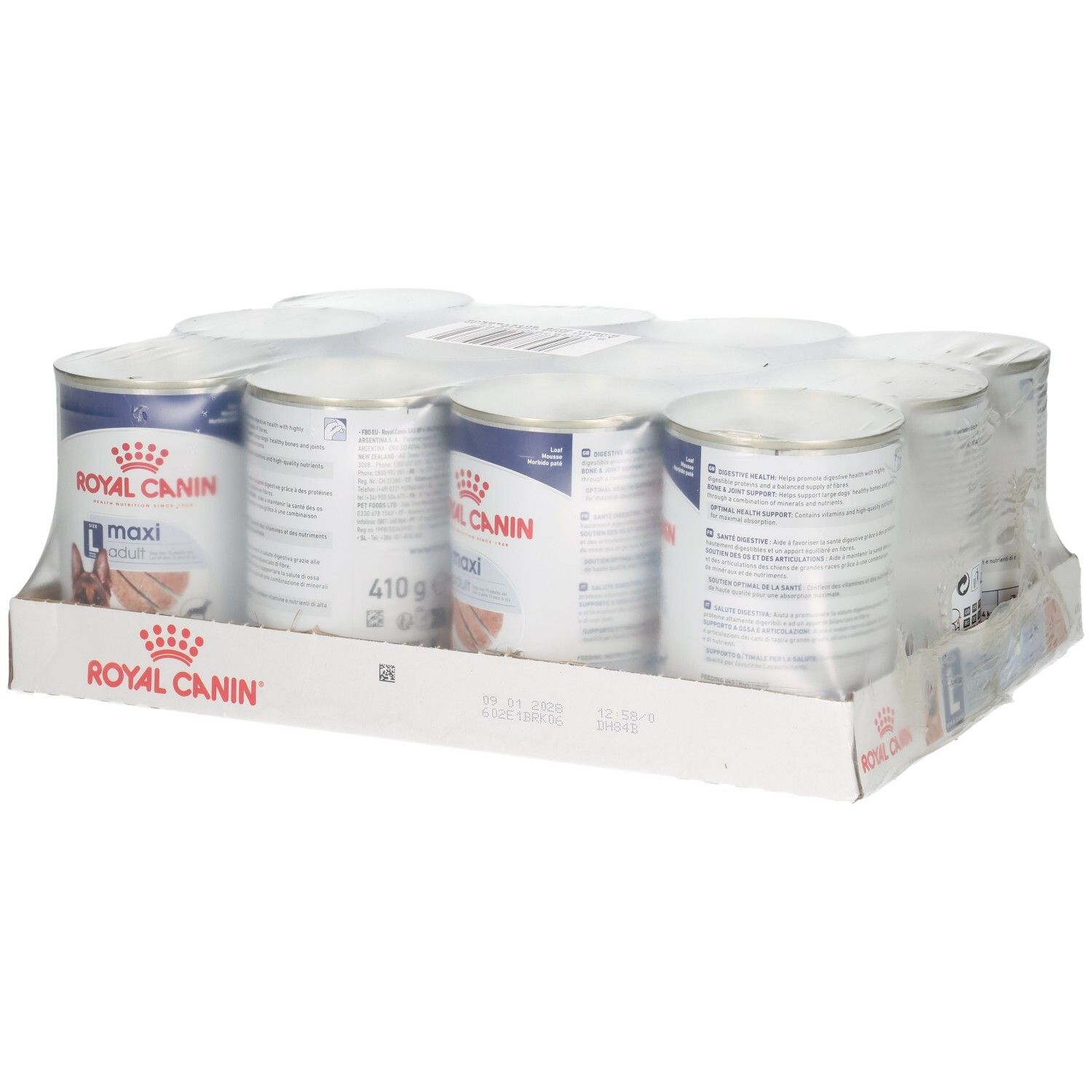 Douze boîtes de nourriture pour chien Royal Canin Maxi Adult Loaf en carton.