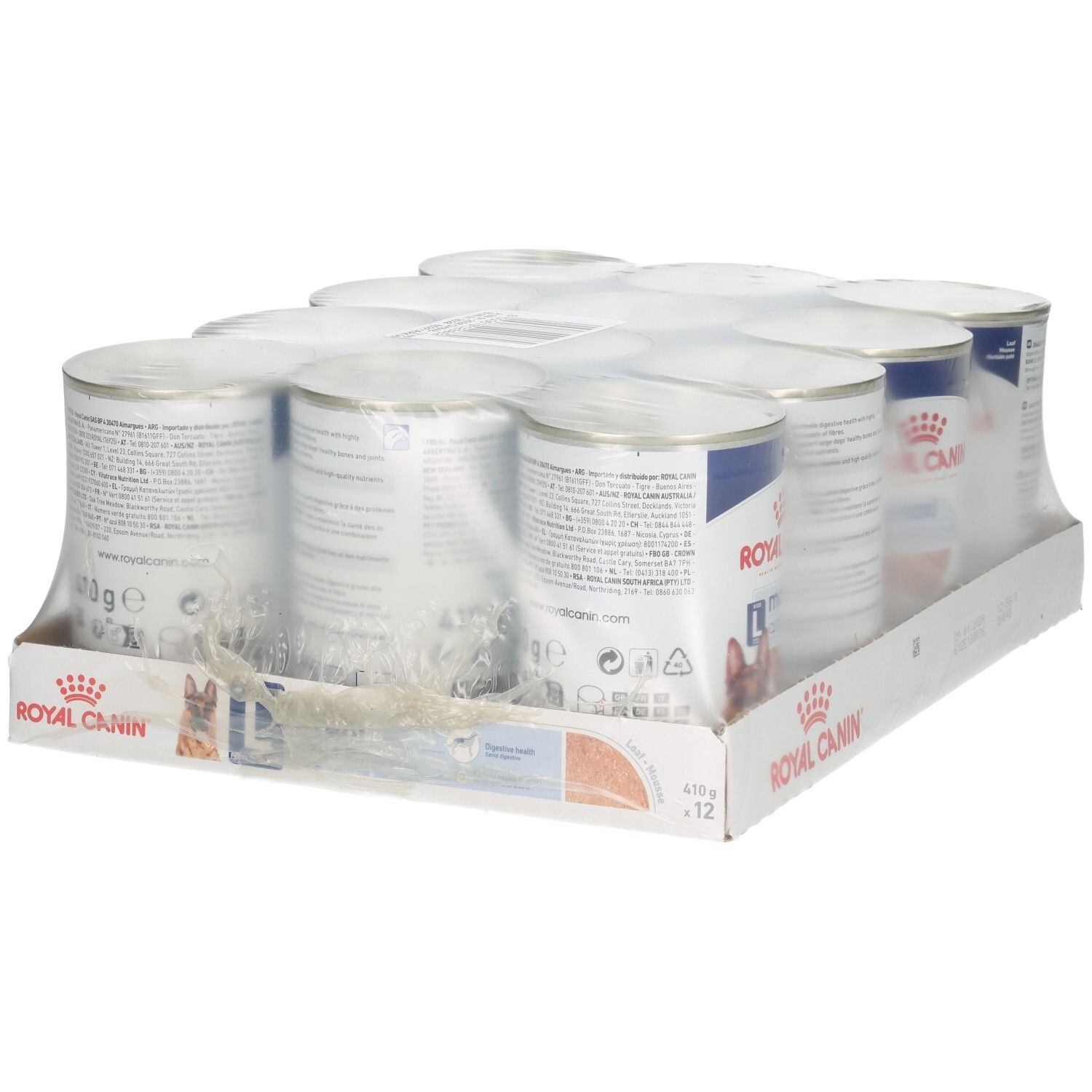 Douze boîtes de nourriture pour chien Royal Canin Maxi Adult Loaf en carton, vue arrière.