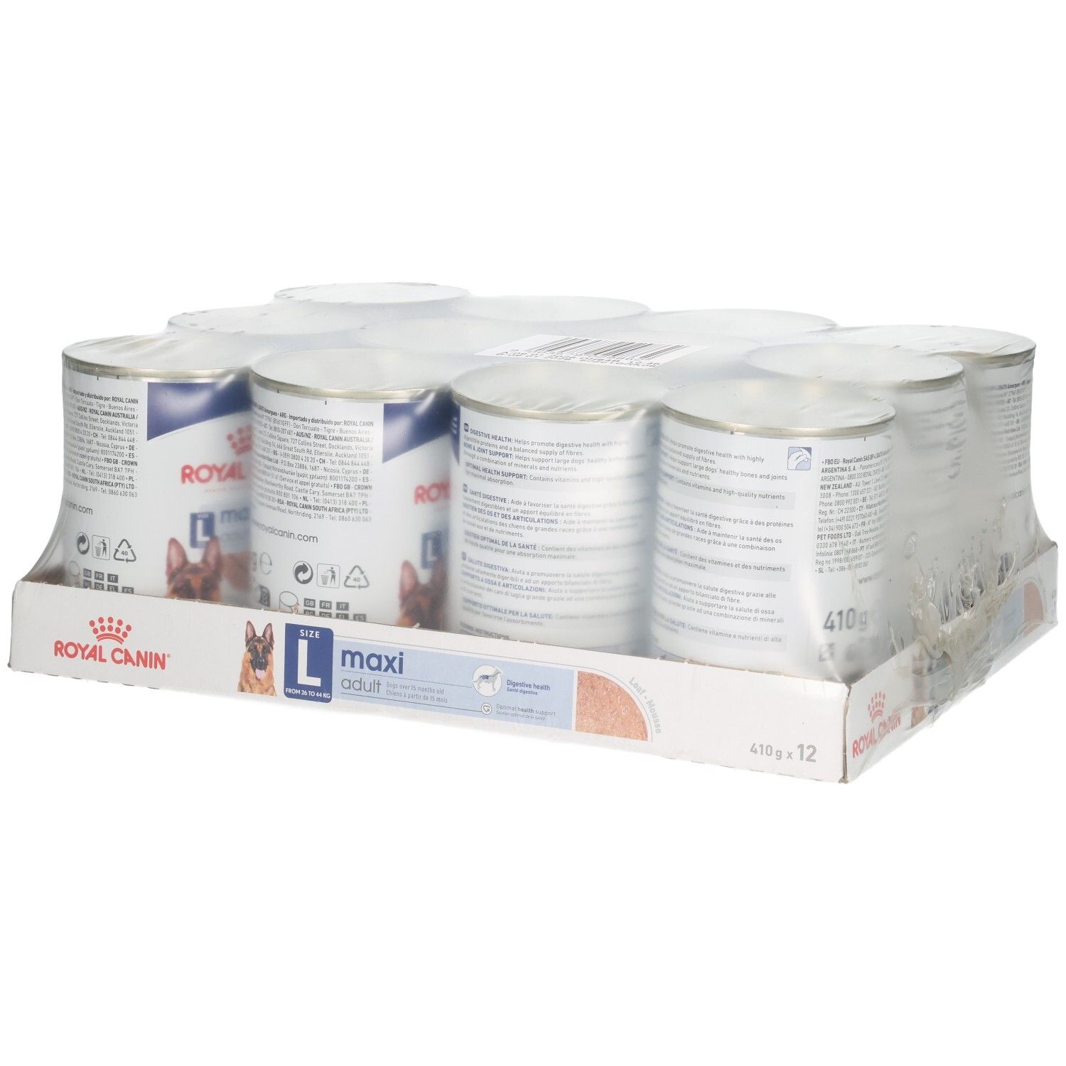 Douze boîtes de nourriture pour chien Royal Canin Maxi Adult Loaf en carton, vue latérale.