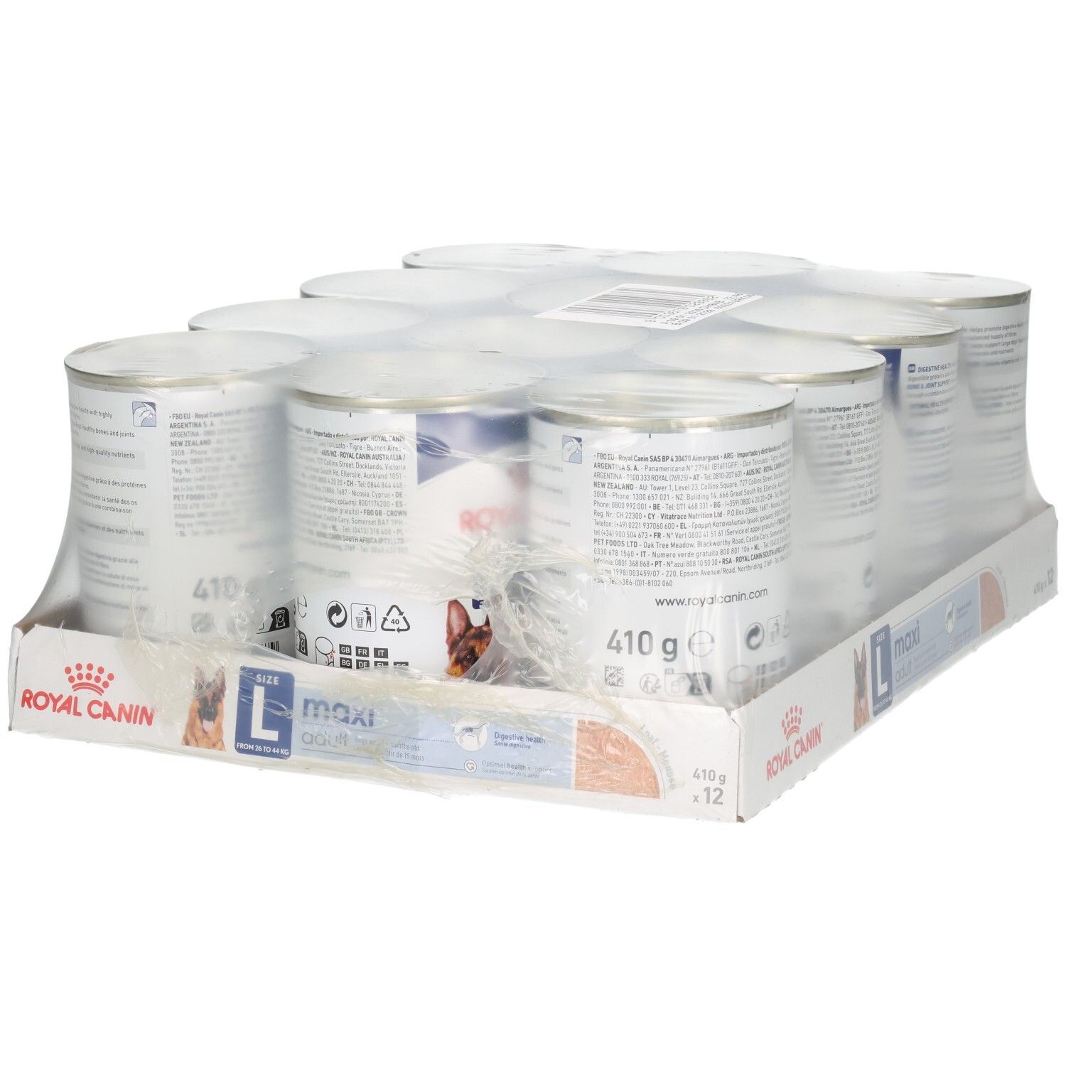 Douze boîtes de nourriture pour chien Royal Canin Maxi Adult Loaf en carton, vue en biais.
