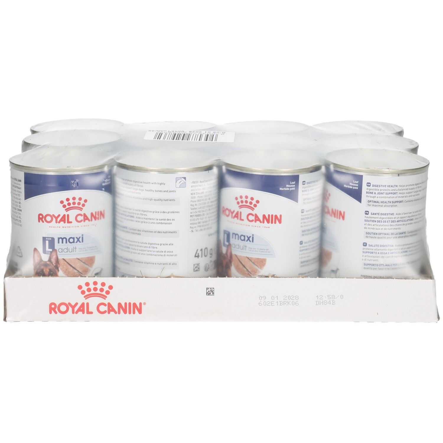 Douze boîtes de nourriture pour chien Royal Canin Maxi Adult Loaf en carton, vue de face.