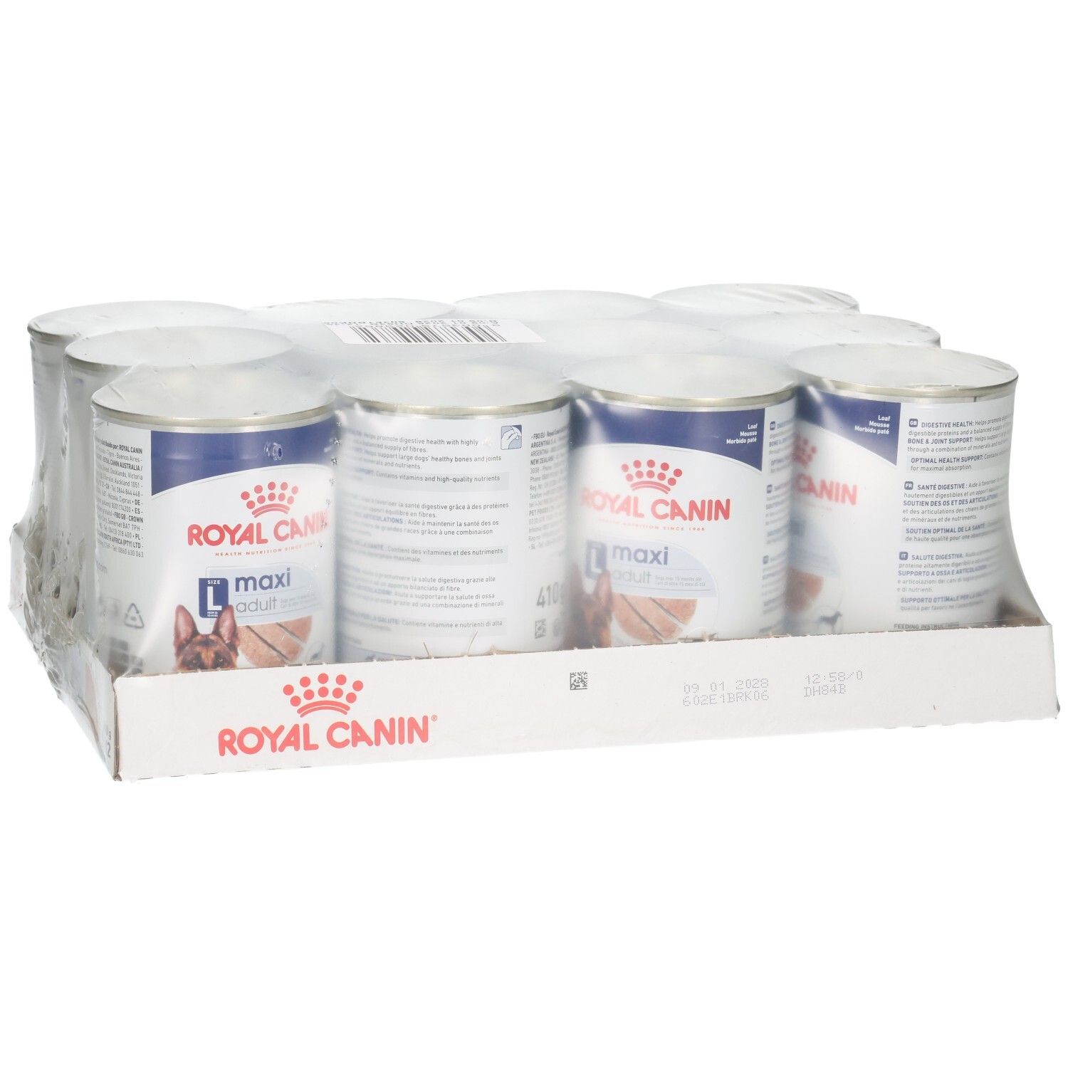 Douze boîtes de nourriture pour chien Royal Canin Maxi Adult Loaf en carton, vue détaillée.