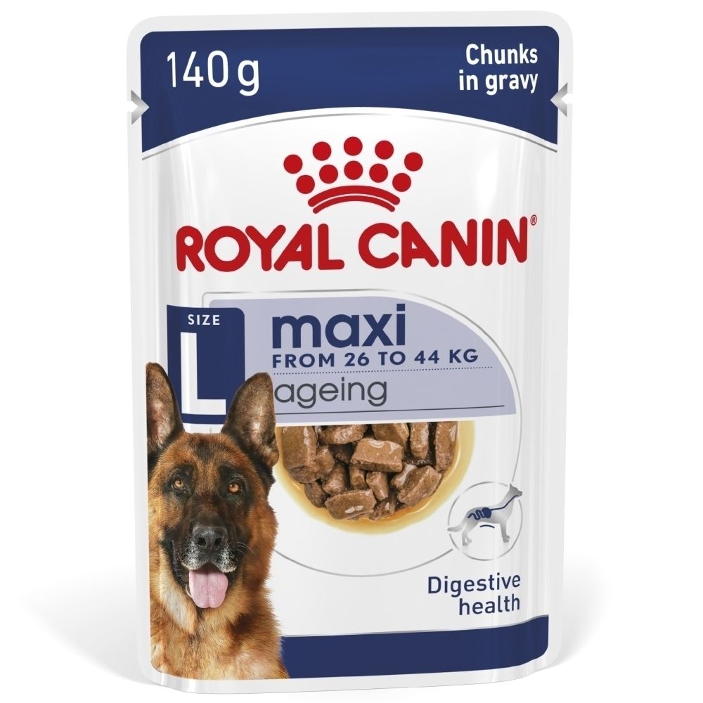 Sachet Royal Canin Maxi Ageing 140g pour chien. Montre des bouchées en sauce et un Berger Allemand.
