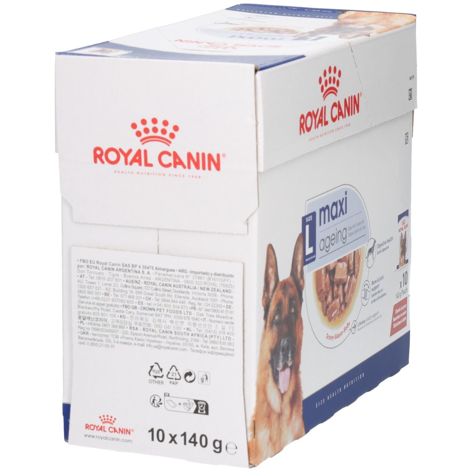 Royal Canin Maxi Ageing: Arrière du lot avec instructions de nourrissage et informations produit.