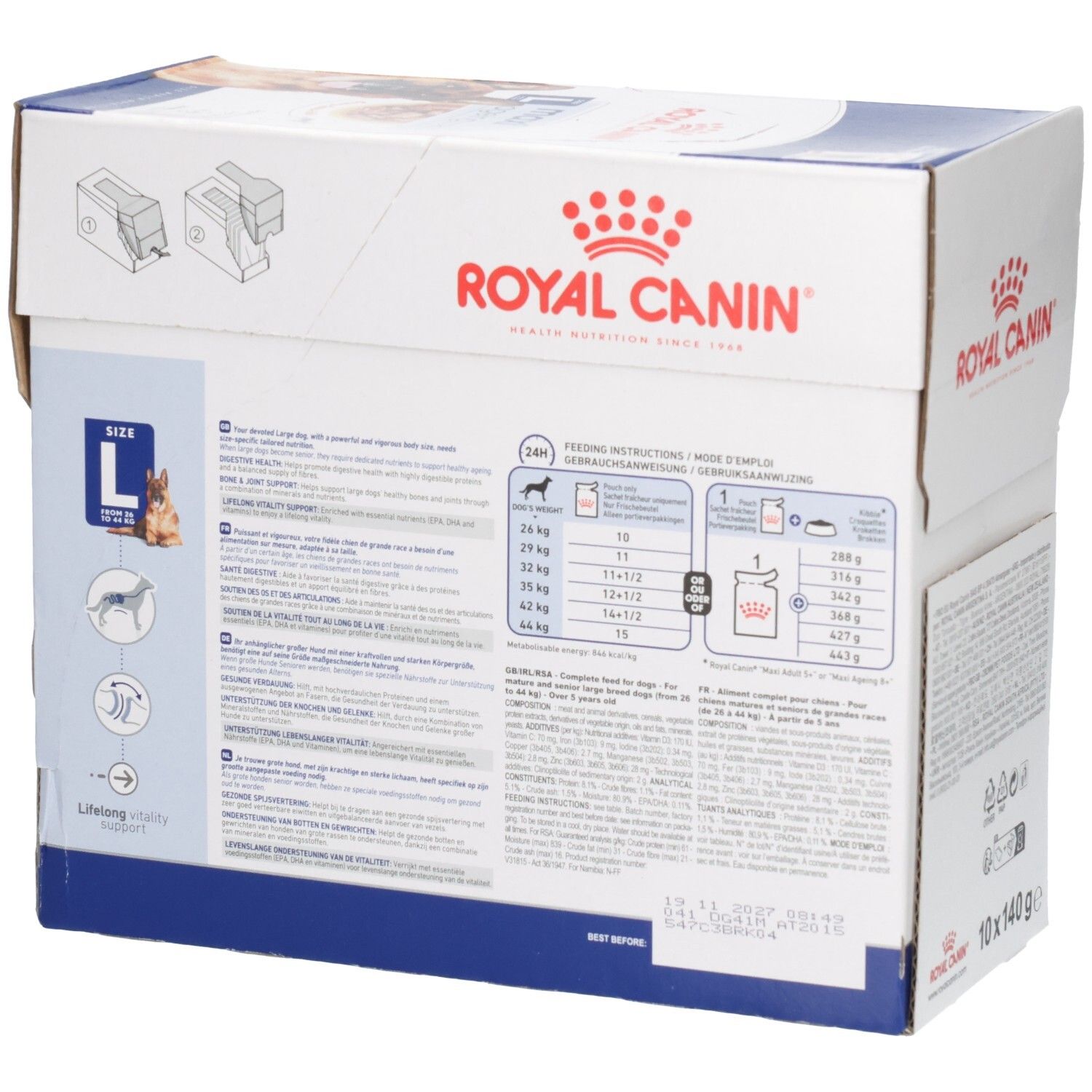 Royal Canin Maxi Ageing: Vue latérale du lot avec informations détaillées et tableau de nourrissage.