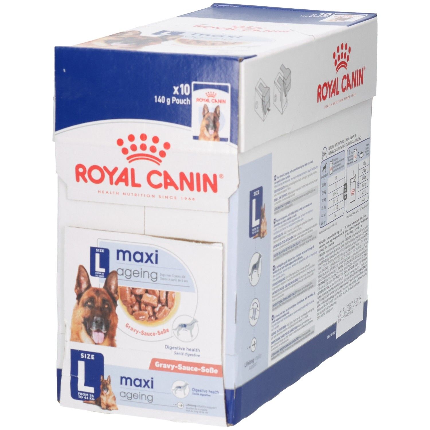 Royal Canin Maxi Ageing: Façade du lot avec image de chien et caractéristiques du produit.