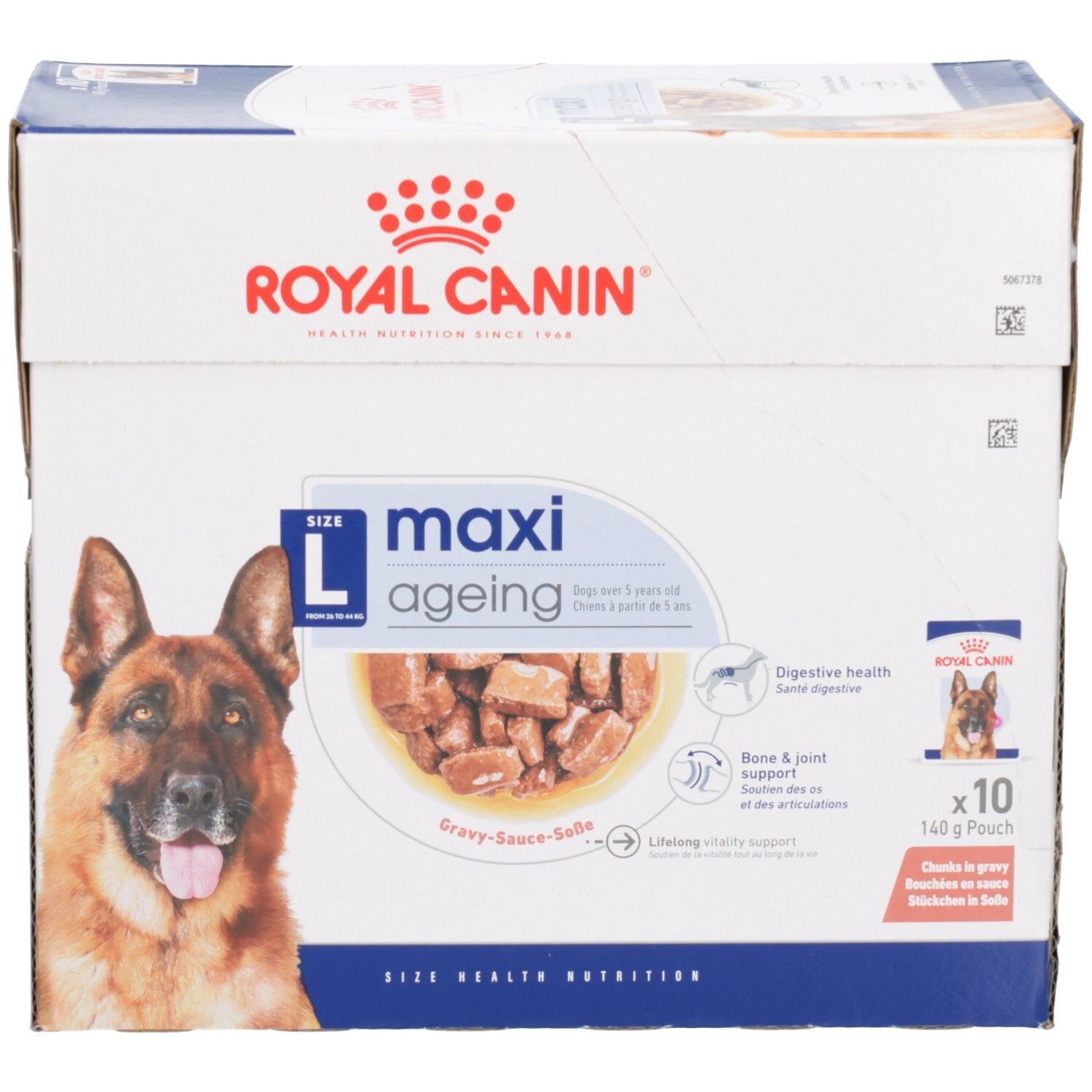 Royal Canin Maxi Ageing: Lot de 10 sachets de 140g, focus sur les bénéfices pour la digestion et les articulations.