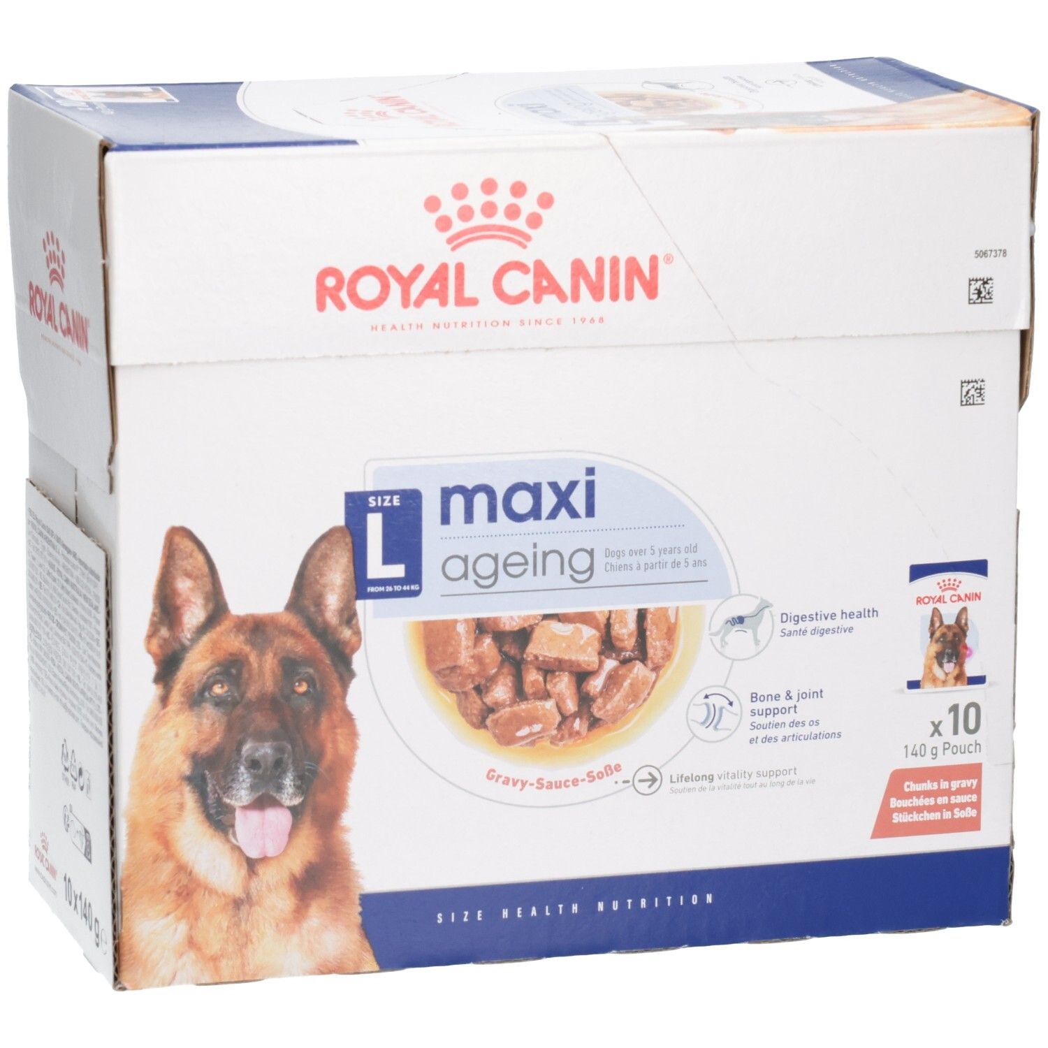 Royal Canin Maxi Ageing: Lot de 10 sachets de 140g, montre un chien et l'image du produit.