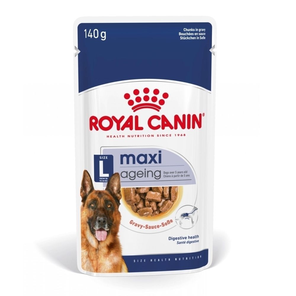 Sachet Royal Canin Maxi Ageing 140g pour chien. Montre des bouchées en sauce, un Berger Allemand et des informations produit.