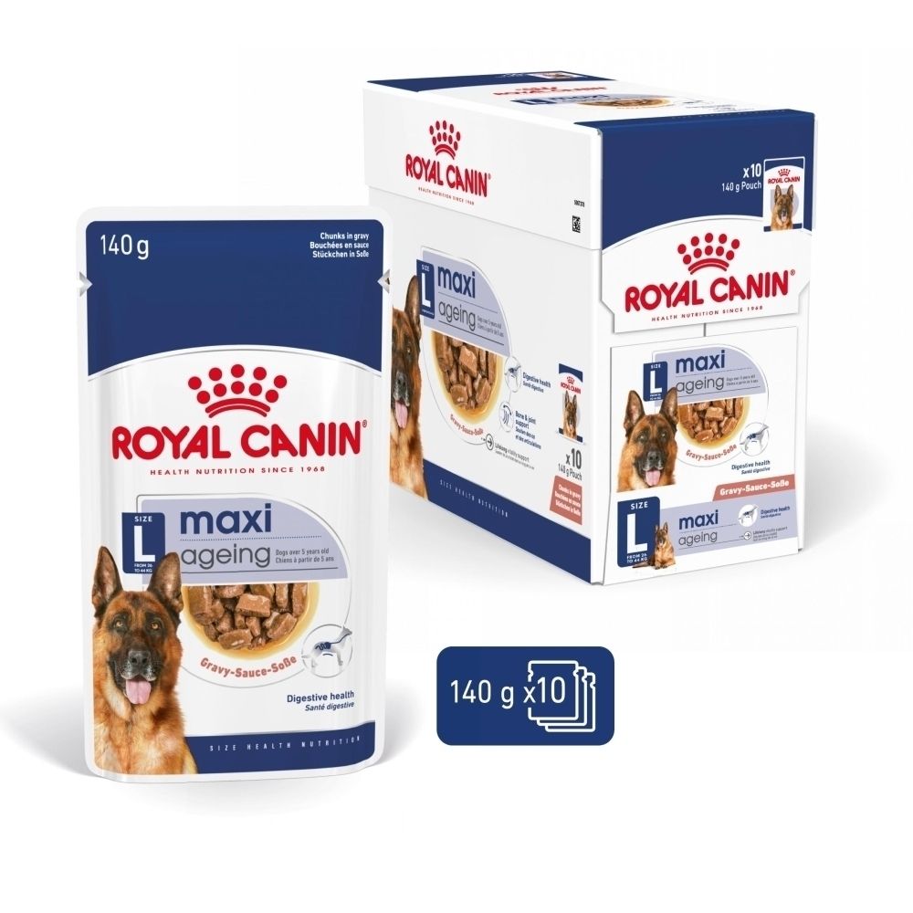 Gros plan d'un sachet Royal Canin Maxi Ageing 140g pour chien avec des bouchées en sauce.
