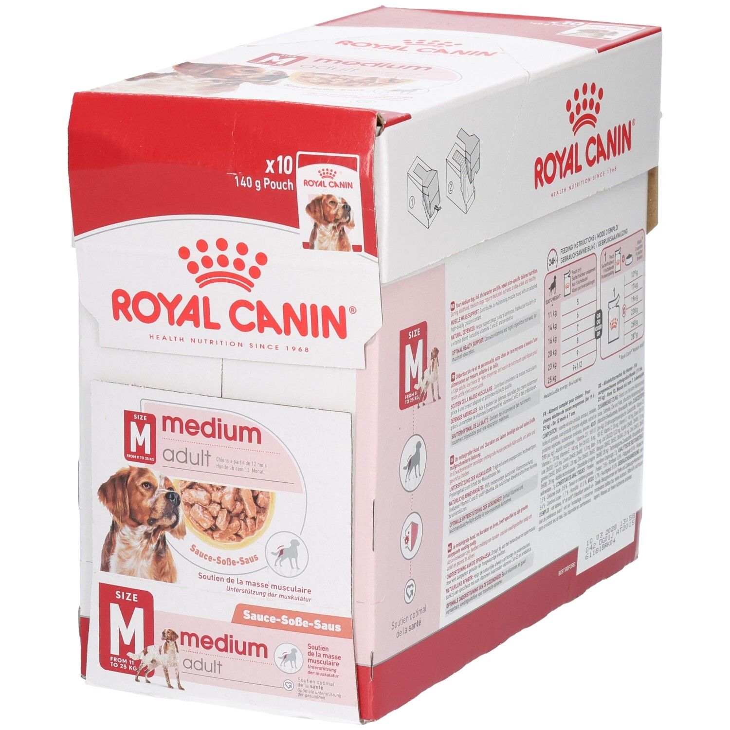 Boîte Royal Canin Medium Adult pour chien, 10 sachets de 140g. Face avant avec image de chien et informations produit.