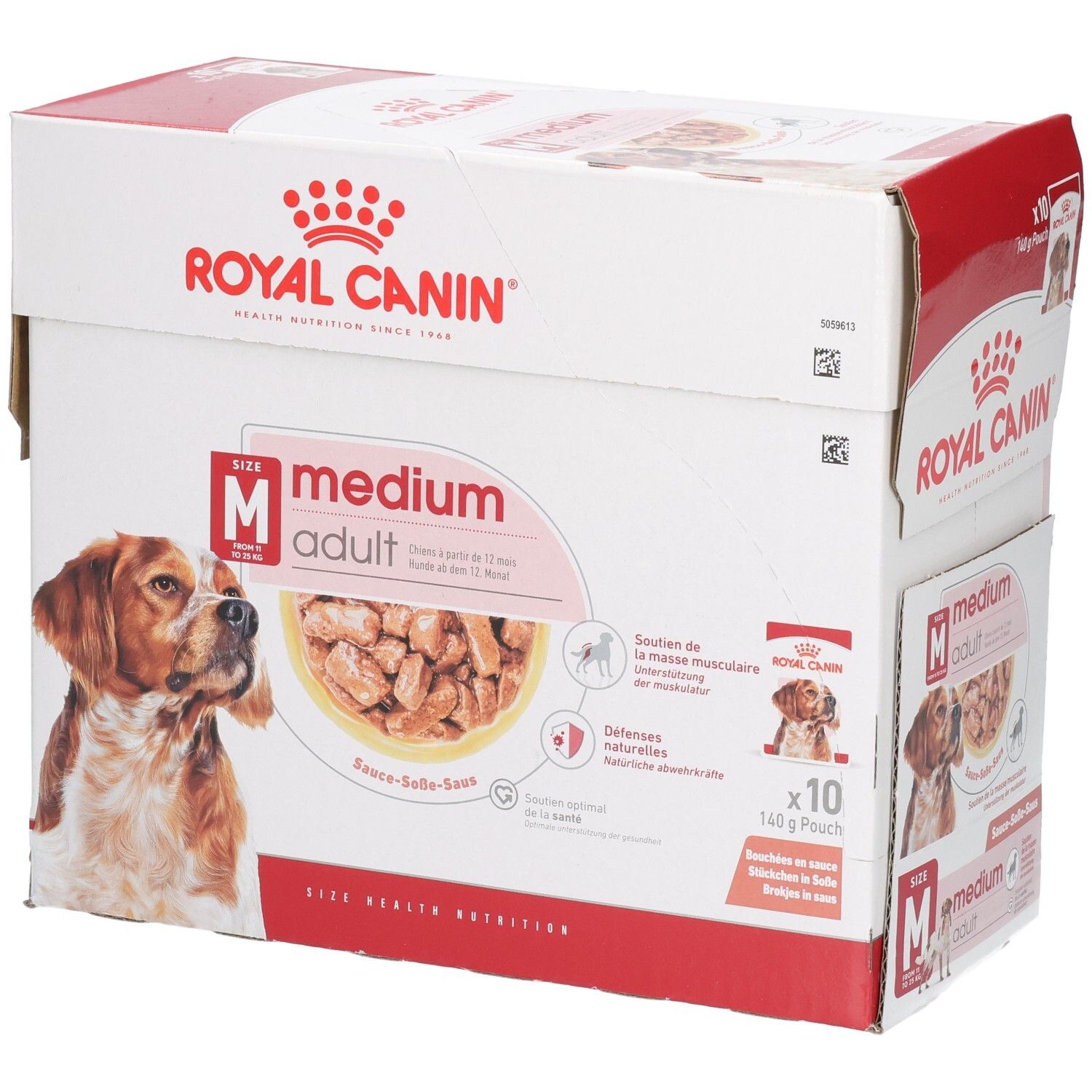 Boîte Royal Canin Medium Adult pour chien, 10 sachets de 140g. Face avant avec image de chien et informations produit.