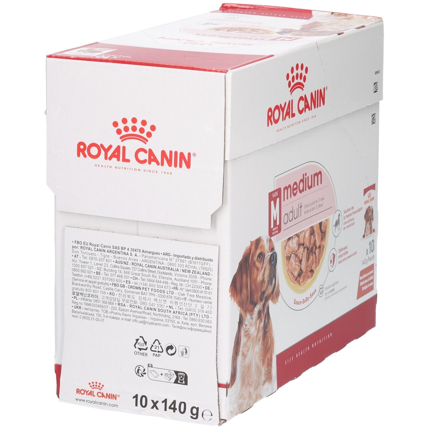 Boîte Royal Canin Medium Adult pour chien, 10 sachets de 140g. Vue latérale avec informations détaillées sur le produit et les ingrédients.