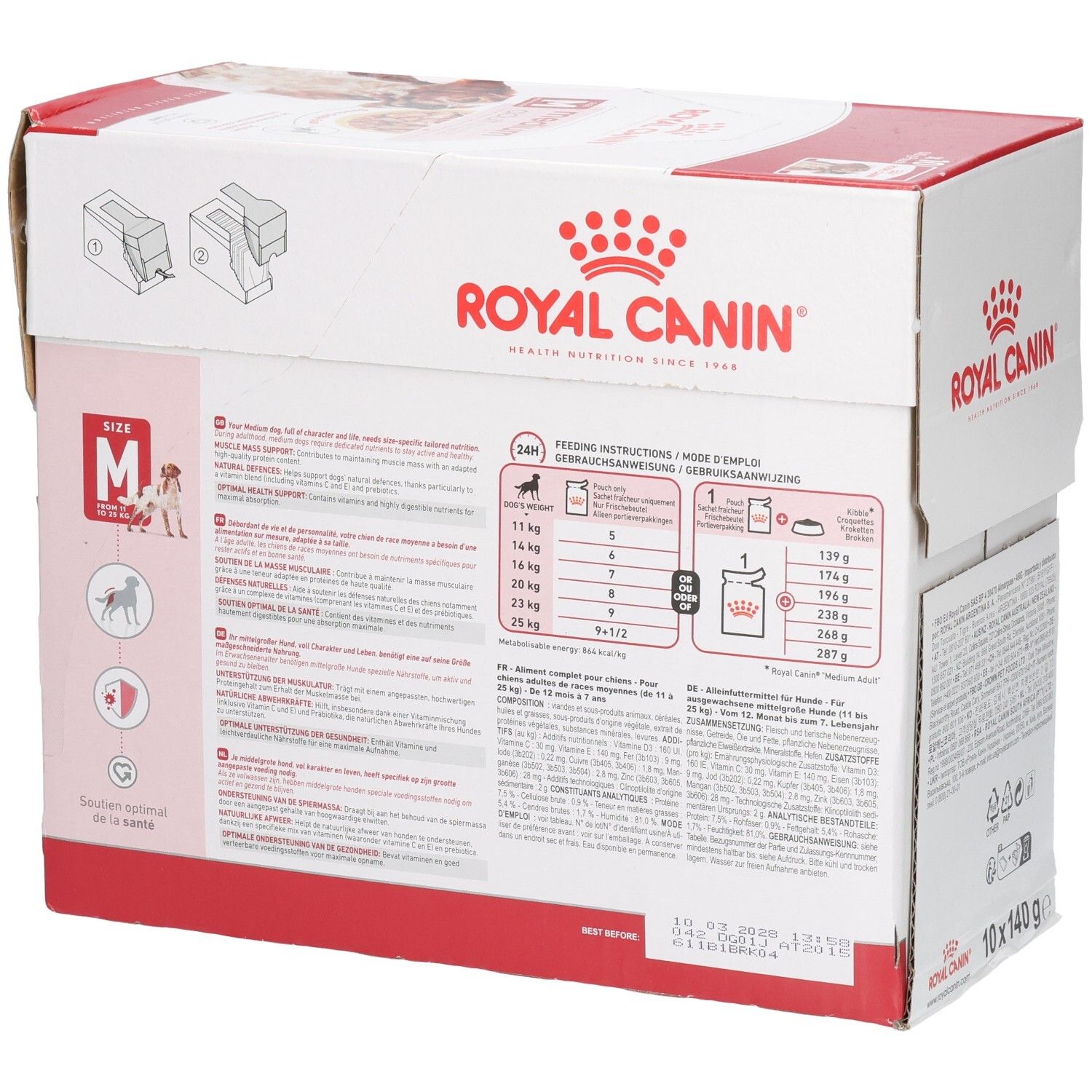 Boîte Royal Canin Medium Adult pour chien, 10 sachets de 140g. Dos avec recommandations alimentaires et caractéristiques du produit.